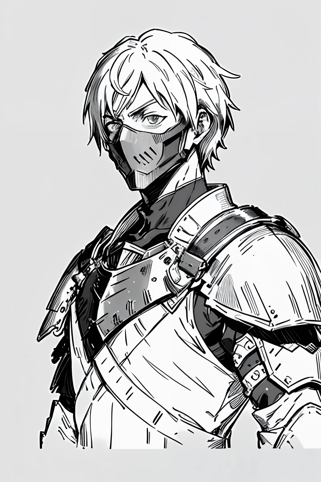 undead warrior, masked, male, handsome, tattered armor, upper body, masterpiece, best quality, top quality, super high resolution, 8k HDR, 8k wallpaper, huge file size, complex details, sharp focus, realistic, delicate, amazing, CG, fine, beautiful detail, comic, monochrome, sketch, line, grayscale, simple background),