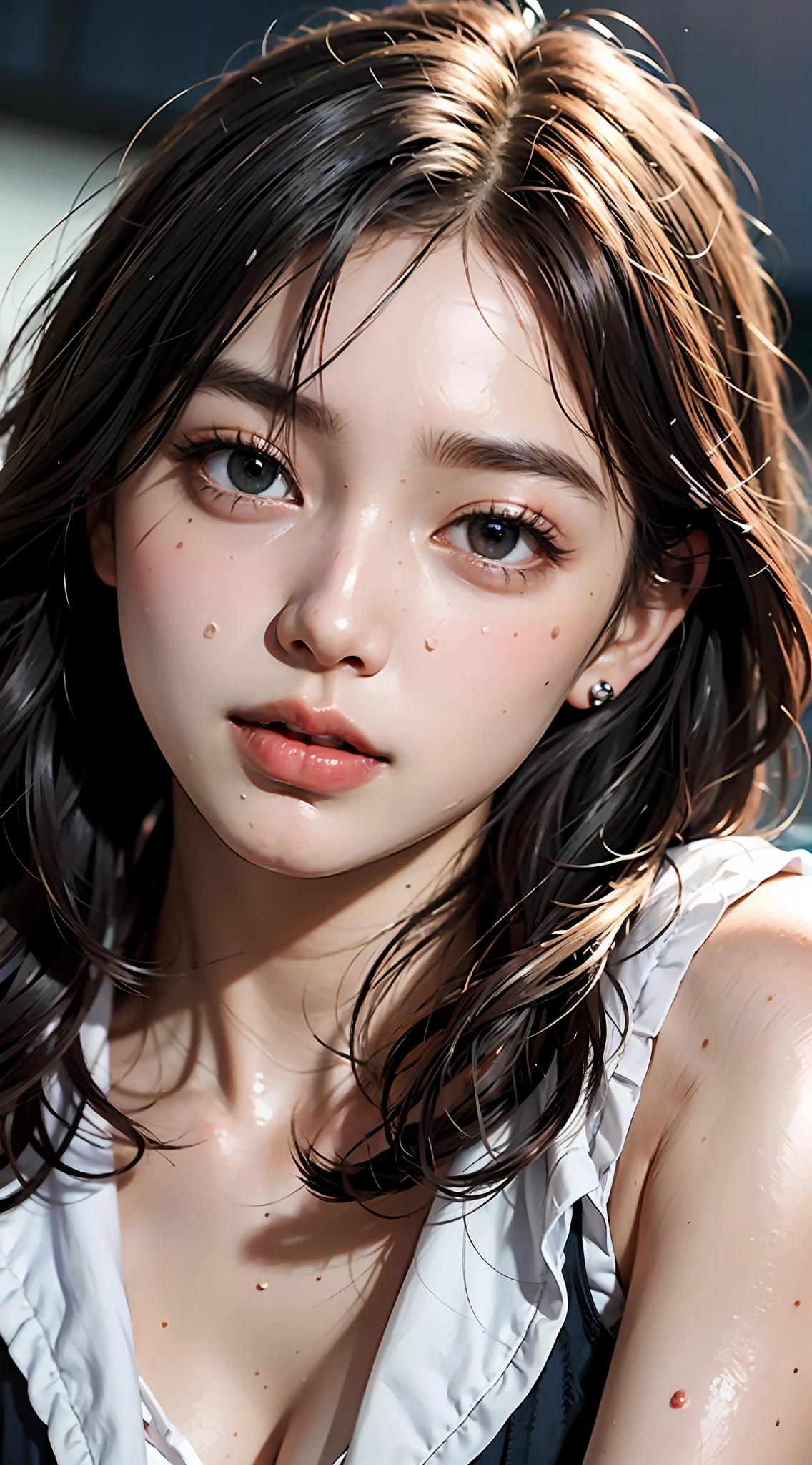 Dark-haired, (short hair), black eyes, (glowing eyes), (white thighs: 1.2), orgasmic face, seduction, eroticism, seductive look, charming, blush, shy, disgusted, disgusted, (oversized), played badly, , looking at someone, oh hey, comfortable, screaming, opening mouth, drooling, sexual convulsions, white skin red, rosy face, sweat, wet body, color, alone, crying on the ground in school uniform, duck sitting, lust dissatisfaction, loneliness, caress, sexual pleasure, unbearable pleasure, elk off, attractive facial expression, (crying on the ground with detailed depiction of school uniform), (ducksitter detail depiction front), detail depiction, bust (masterpiece), (close-up), (highest quality), very detailed, (close-up) exquisite, beautiful, ( Close-up), (Beautiful girl), (collar, collar), (detailed pink areola nail:, (delicate depiction of skin), (voluminous skin: 1.4), 8k wallpaper in first-class CG quality, realistic, master level, masterpiece, portrait, center, display lens, beautiful Chinese-Korean mixed race idol, (ultra-fine description of face and face details), lip biting makeup, sweet smile, (blush), Perfect facial features, red eyes, blind band + hair above one eye, (ruby nails). fat_ Mons, Cameltou,