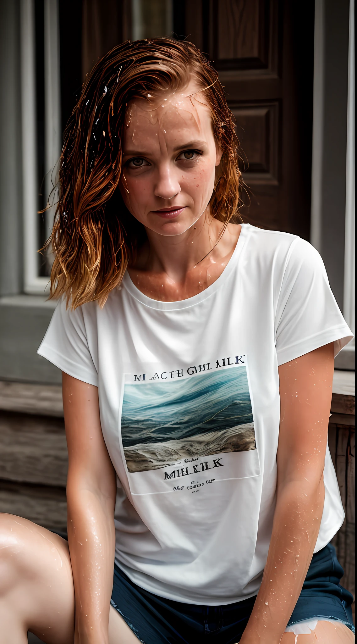 a portrait of a (soaking wet of a milk:1.2) redhead, freckles teacher is sitting on a porch, : white shirt : 18], visible through the white top t-shirt, slate atmosphere, cinematic, dimmed colors, dark shot, muted colors, film grainy, lut, insane details, intricate details, hyperdetailed, closeup, twilight