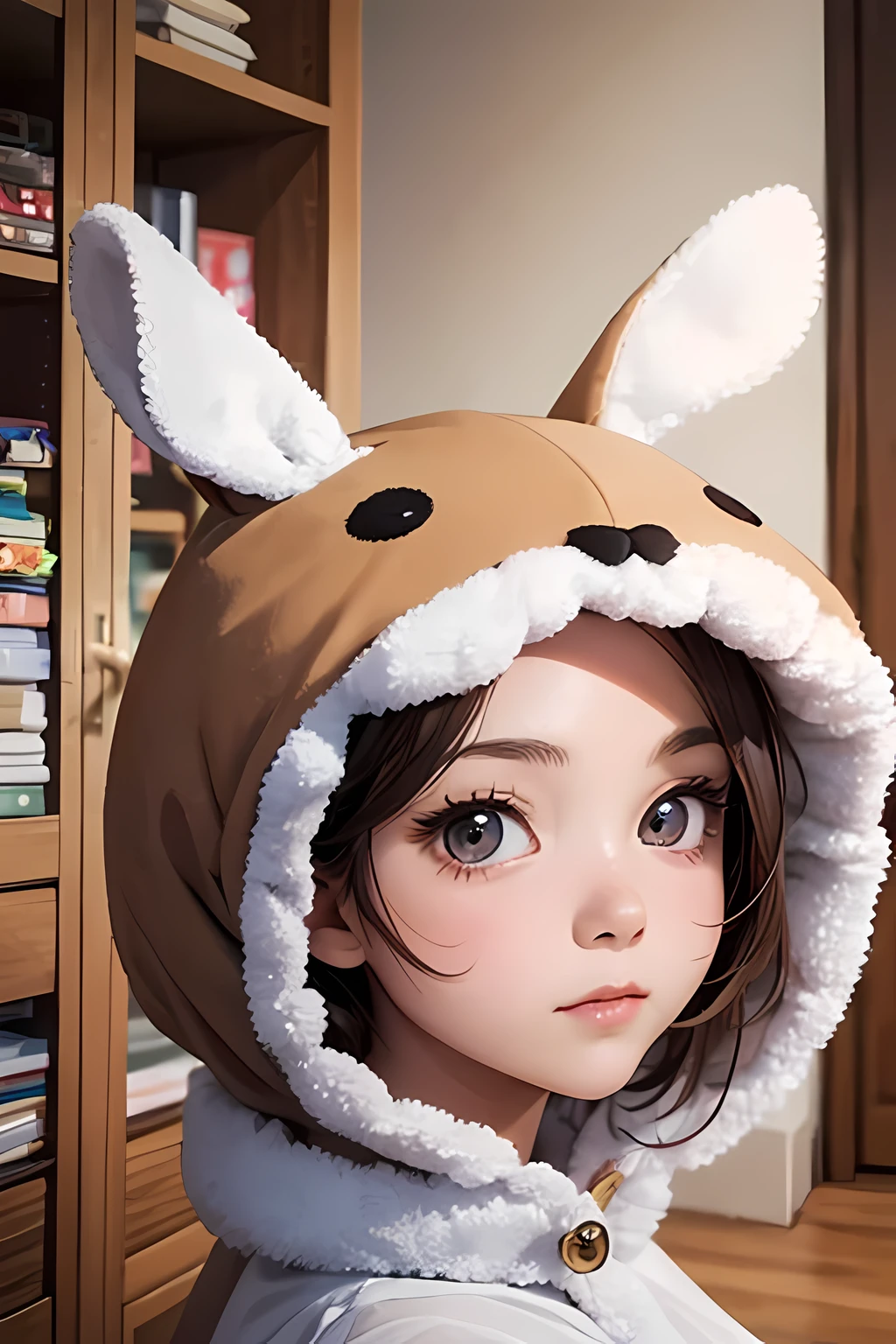 Masterpiece, top quality, realistic, movie lighting, chibi characters, beautiful expressions, beautiful face modeling, woman in rabbit costume, room with cute miscellaneous goods