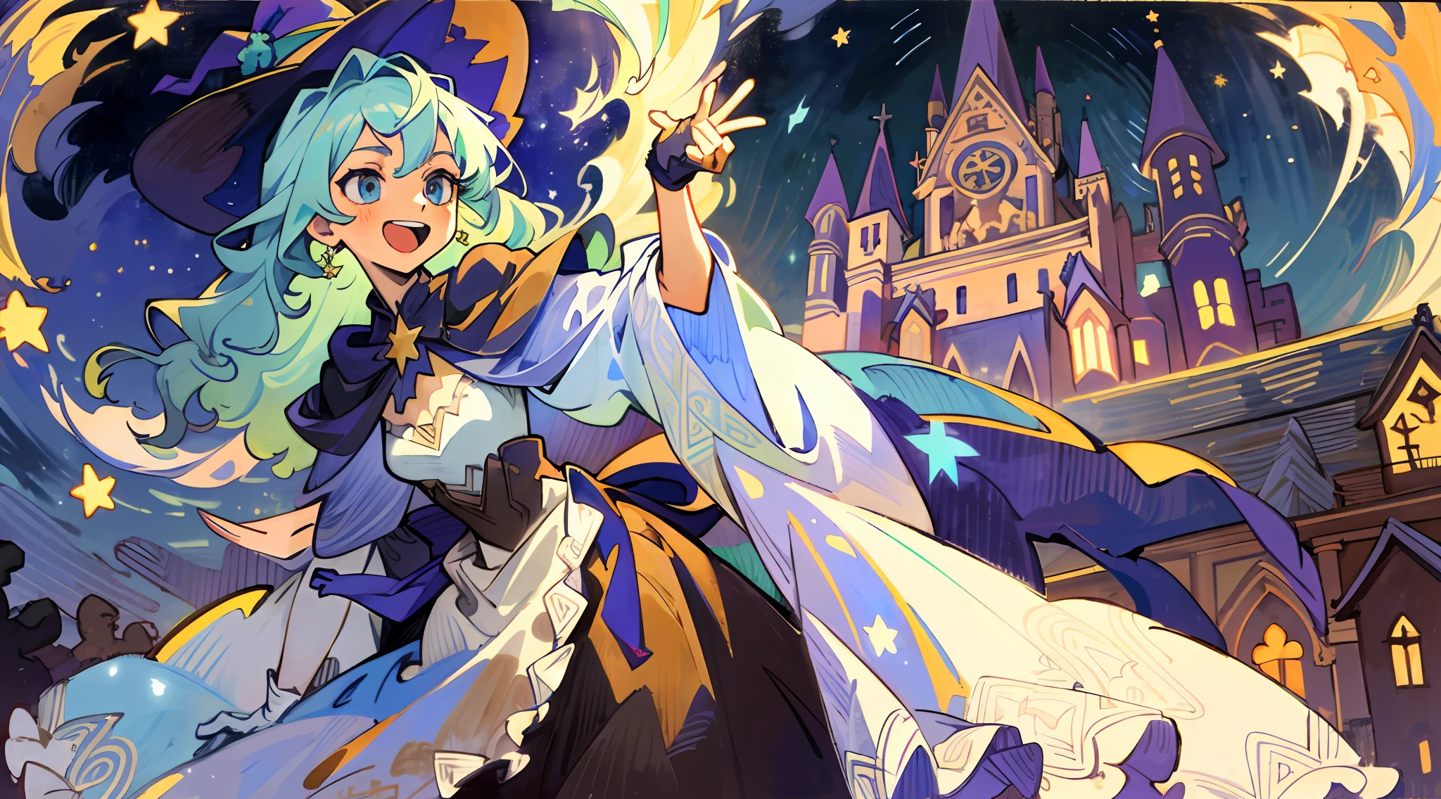 ((masterpiece:1.2, best quality)), 1girl, solo, (witch hat), a close up of a girl with curly hair, dress, aurora, night, star (sky), gloves, sky, dress, night sky, open mouth, starry sky, light blue eyes, ribbons, smile, cape, colorful hair, magic, casting spell, night, (impressionism:1.4), alphonse mucha, Halloween colors, colorful candy, magical lights, pumpkins, candies, creepy cathedral, haunted house, city