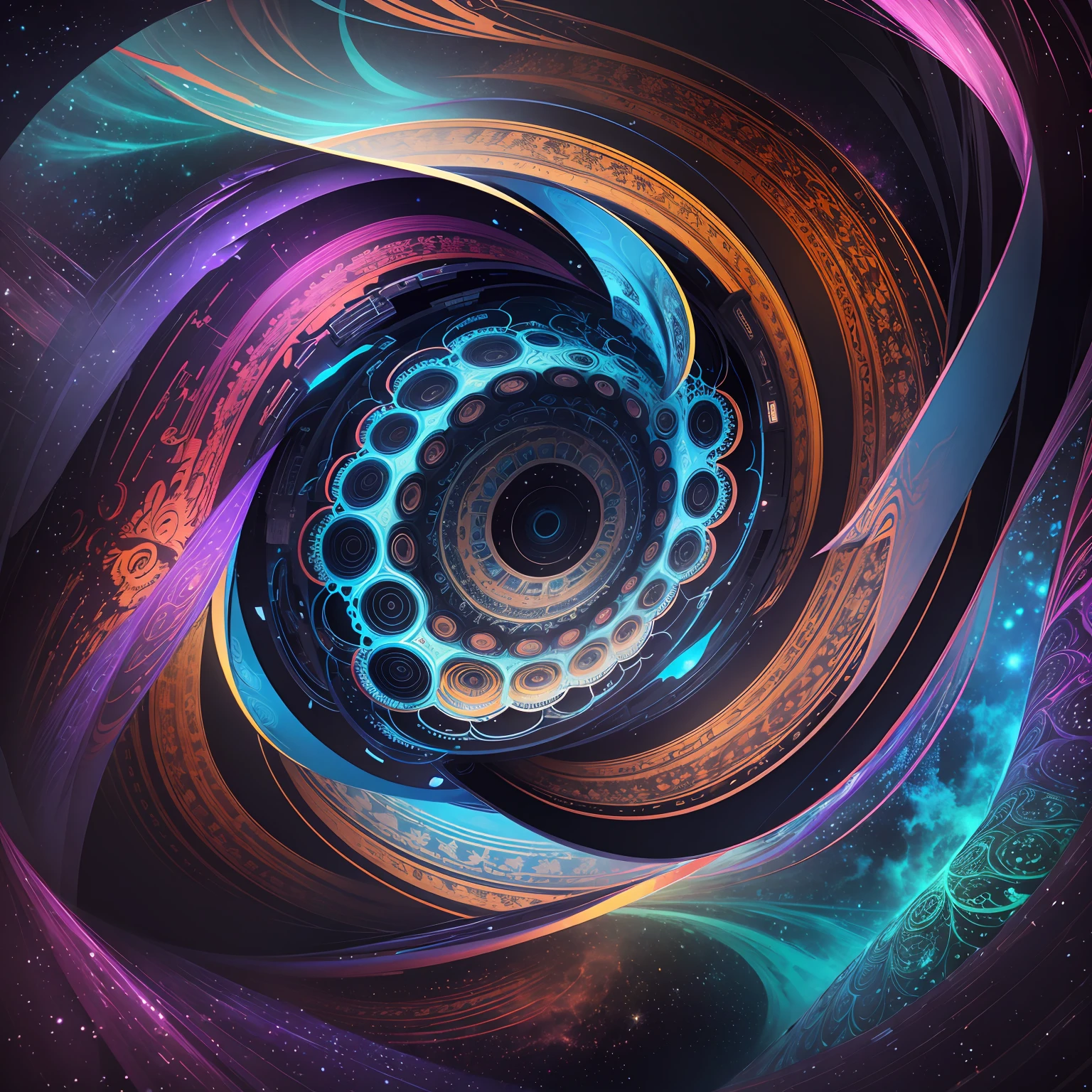 Galaxy formed by different esoteric symbols of different cultures and different colors, forming among them patterns of golden ratio --auto