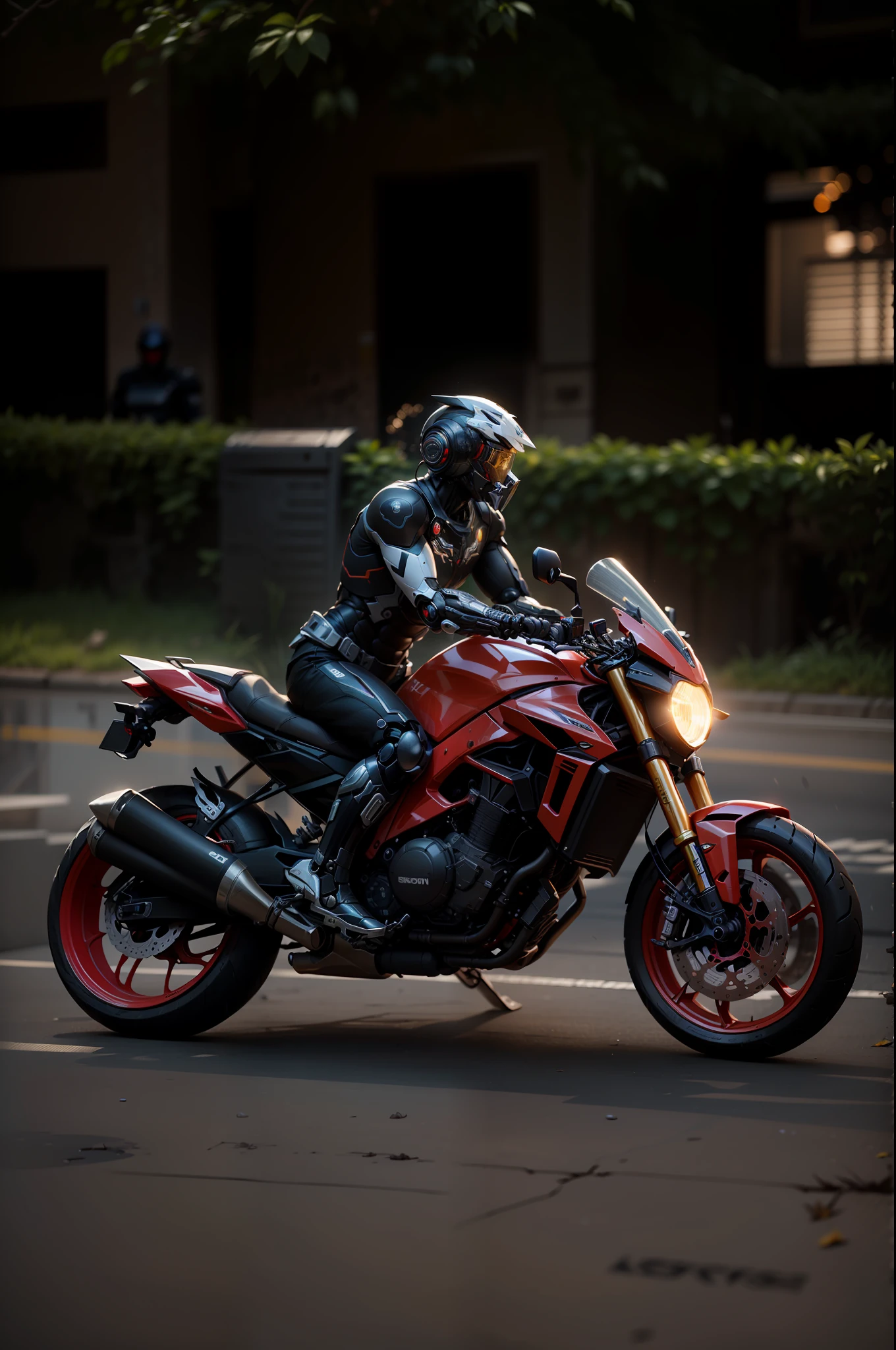 Handsome full body black mecha Cyber Handsome Warrior, Red Cyber Mechanical Motorcycle, High Tech Black Full Surround Helmet, Short White Hair, Nousr, Biomechanics, MSHN Robot Man, High Tech Helmet, Ultra Real, Steel, Intricate Design, Crazy Details, Fine Details, Extremely Clear Lines, Cinematic Lighting, Photo Realistic, Detailed Masterpiece