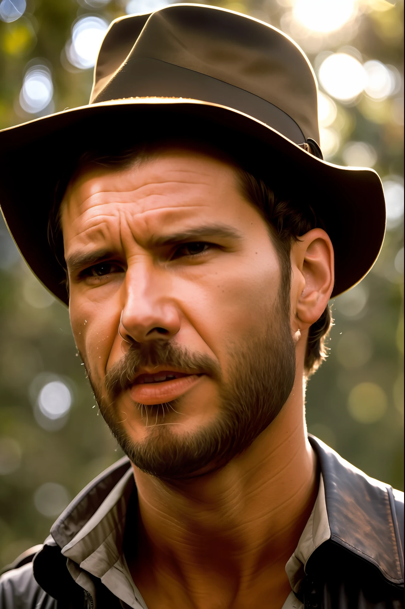 a Highly Detailed full portrait Photo of a man with a scruffy beard as Indiana Jones with hat, (Detailed Face), (perfect detailed eyes:1.1), (highly detailed skin:1.1), perfect athletic body, Modelshoot style, Professional Photography, Dramatic lighting, PHOTOREALISTIC, Cinematic, Realistic, sunset, standing in a forest jungle background, RAW, analog, sharp focus, 8k, high resolution, DSLR, high quality, Fujifilm XT3, award winning, masterpiece