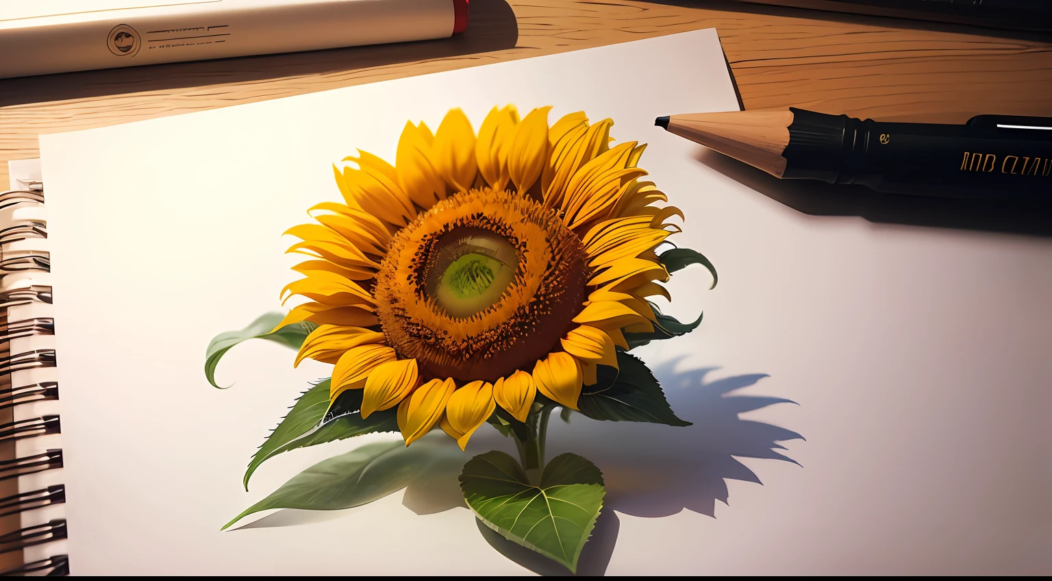 Consider adding some small artistic details around the sunflower to complement the composition, such as pencil strokes or subtle sketches. --auto