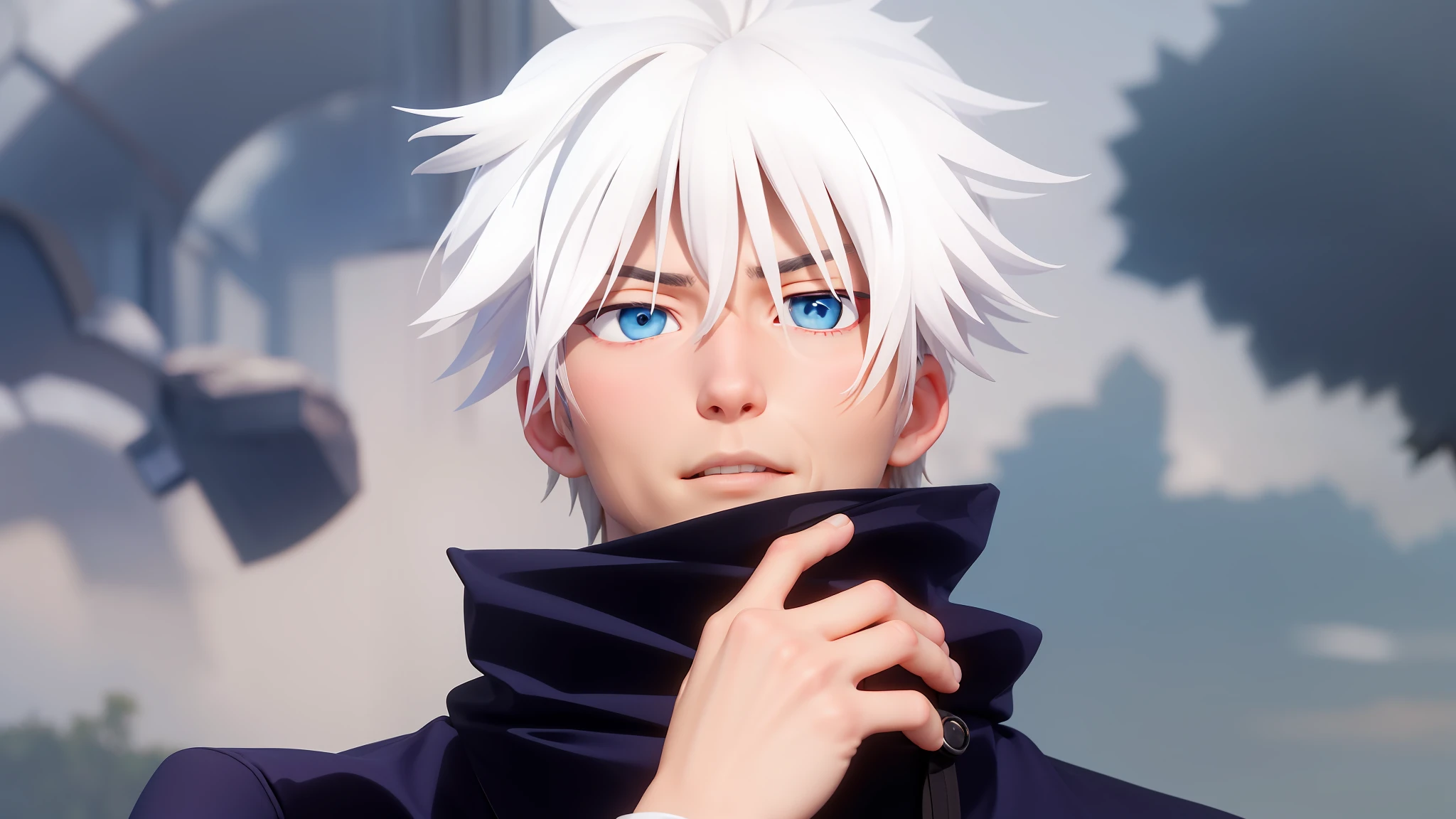 A very handsome adult male character with white hair, blue eyes, thin and delicate face, muscular, gojo satoru, satoru gojo, gojo