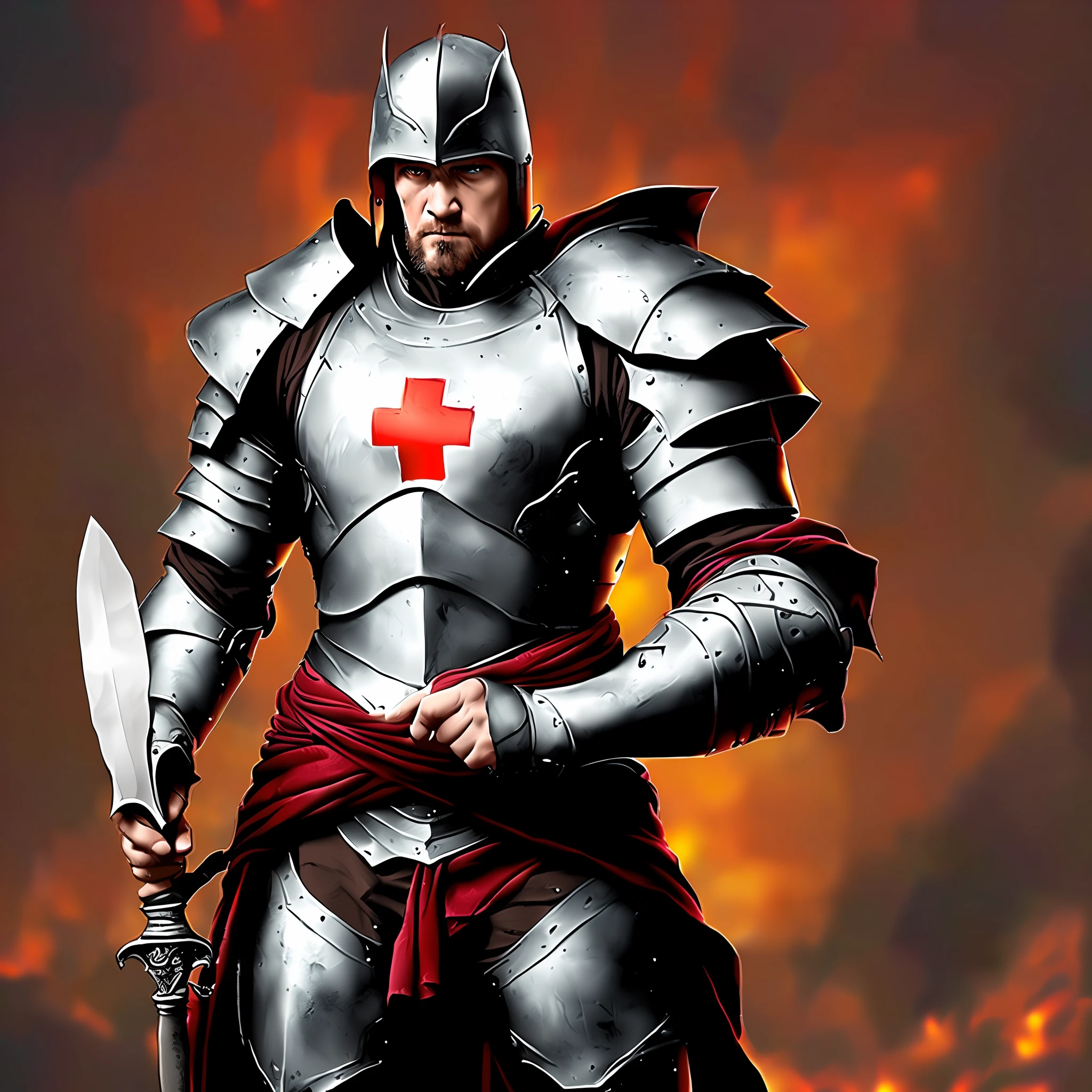 A white man in iron armor with a red cross on his chest, with a sword in one hand and a book in the other, imposing and manly, behind him are wrecks of a war that has ended --auto