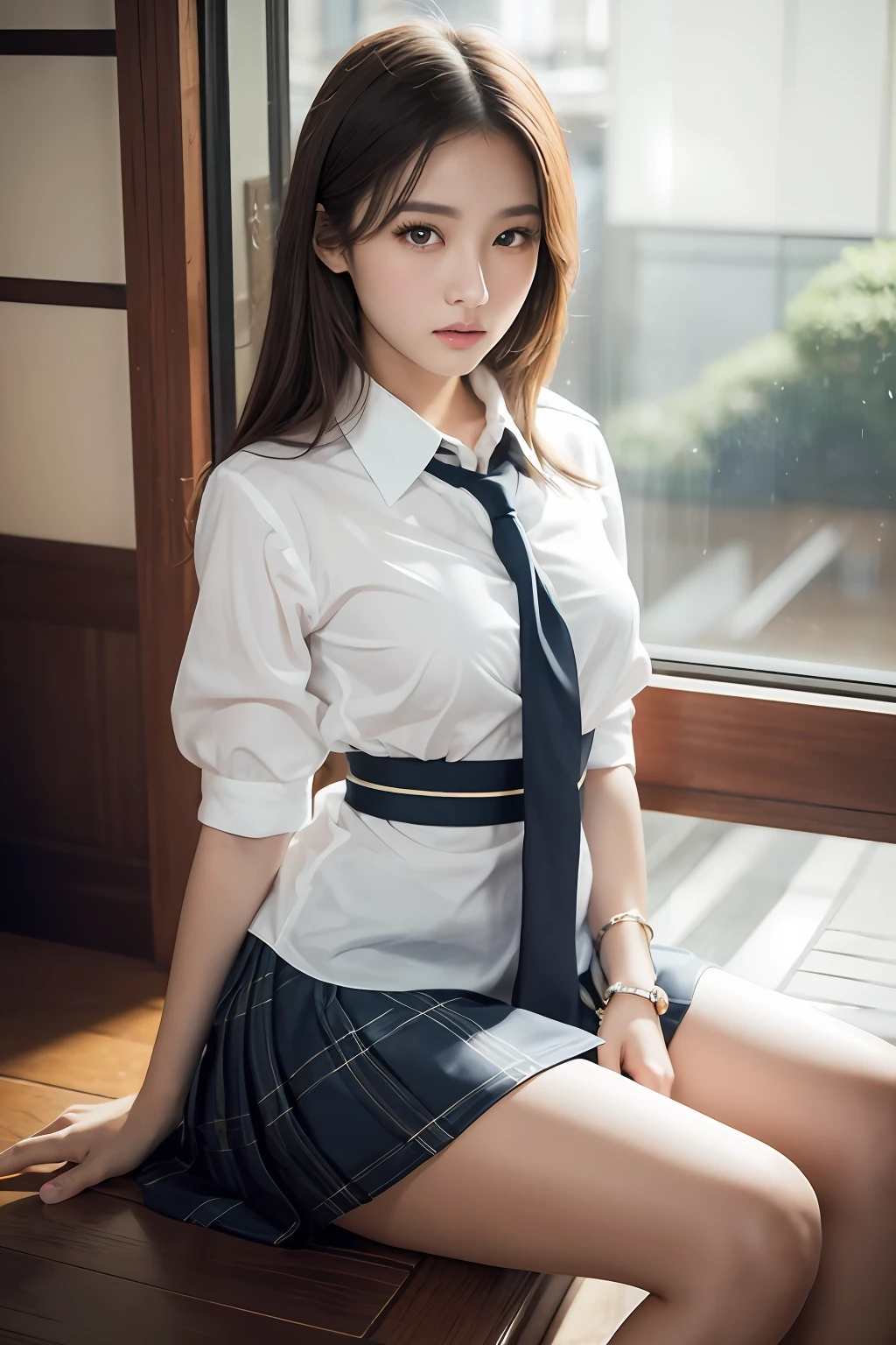 Masterpiece, (Most Realist: 1.5), Maximum Resolution, Maximum Face Resolution, Maximum Environmental Detail, Most Beautiful Woman, , Japan Woman, Japan, Teen Girl, Fair Skin, Big Eyes, Beautiful Eyes, Tie, Bright Face, Private School Thai Uniform, Most Beautiful Nose, Sitting Wonder, Big, Chest Assertive, Chest Stands Out
