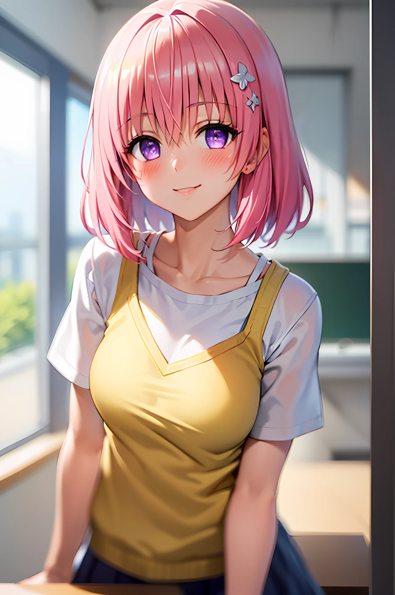(best quality:1.1), (masterpiece:1.4), (absurdres:1.0), portrait, close up,
1girl, momo velia deviluke, hair ornament, bob cut, short hair pink hair, purple eyes, medium breasts, yellow school uniform, looking at viewer, classroom, (blush:1.2), smile,