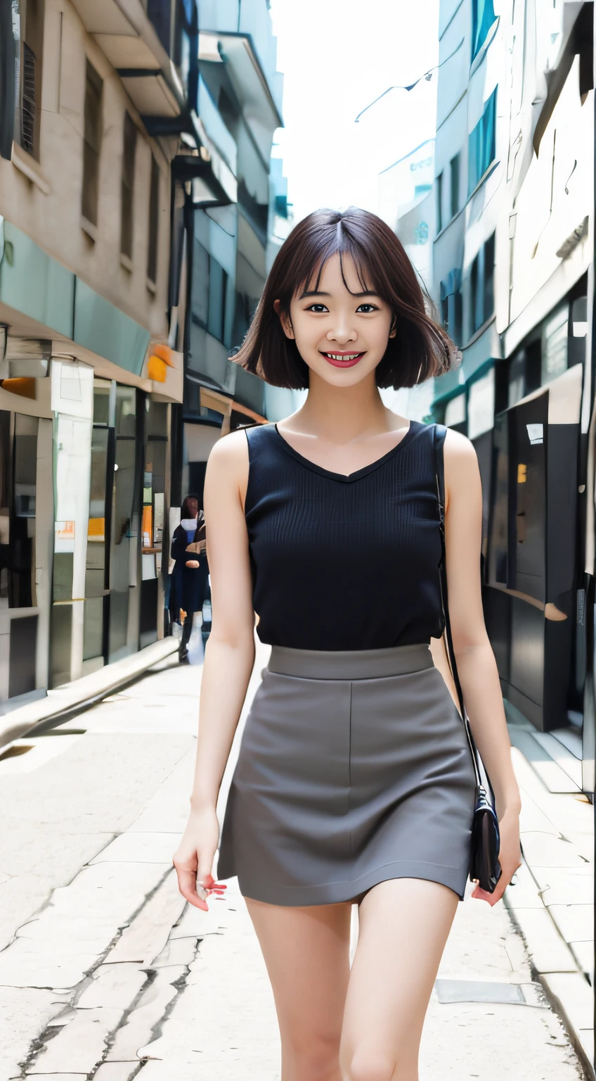 Smiling, white shirt, grey miniskirt, street corner