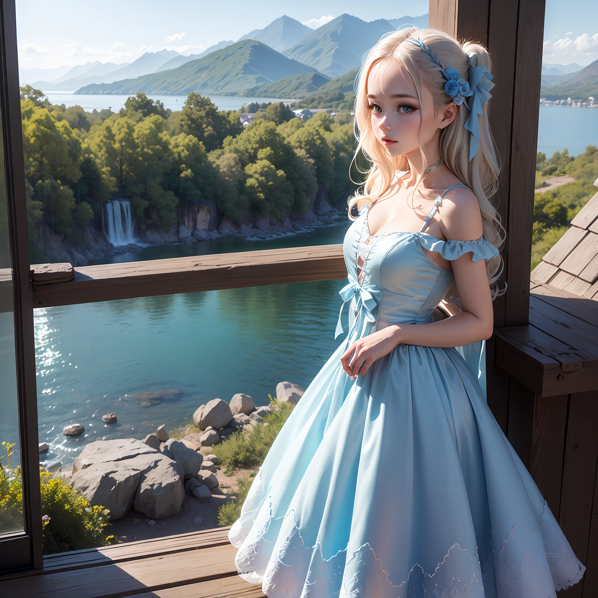 A beautiful woman, light blue fairy dress, integrated with the view, pure and lovely, best quality, masterpiece --auto