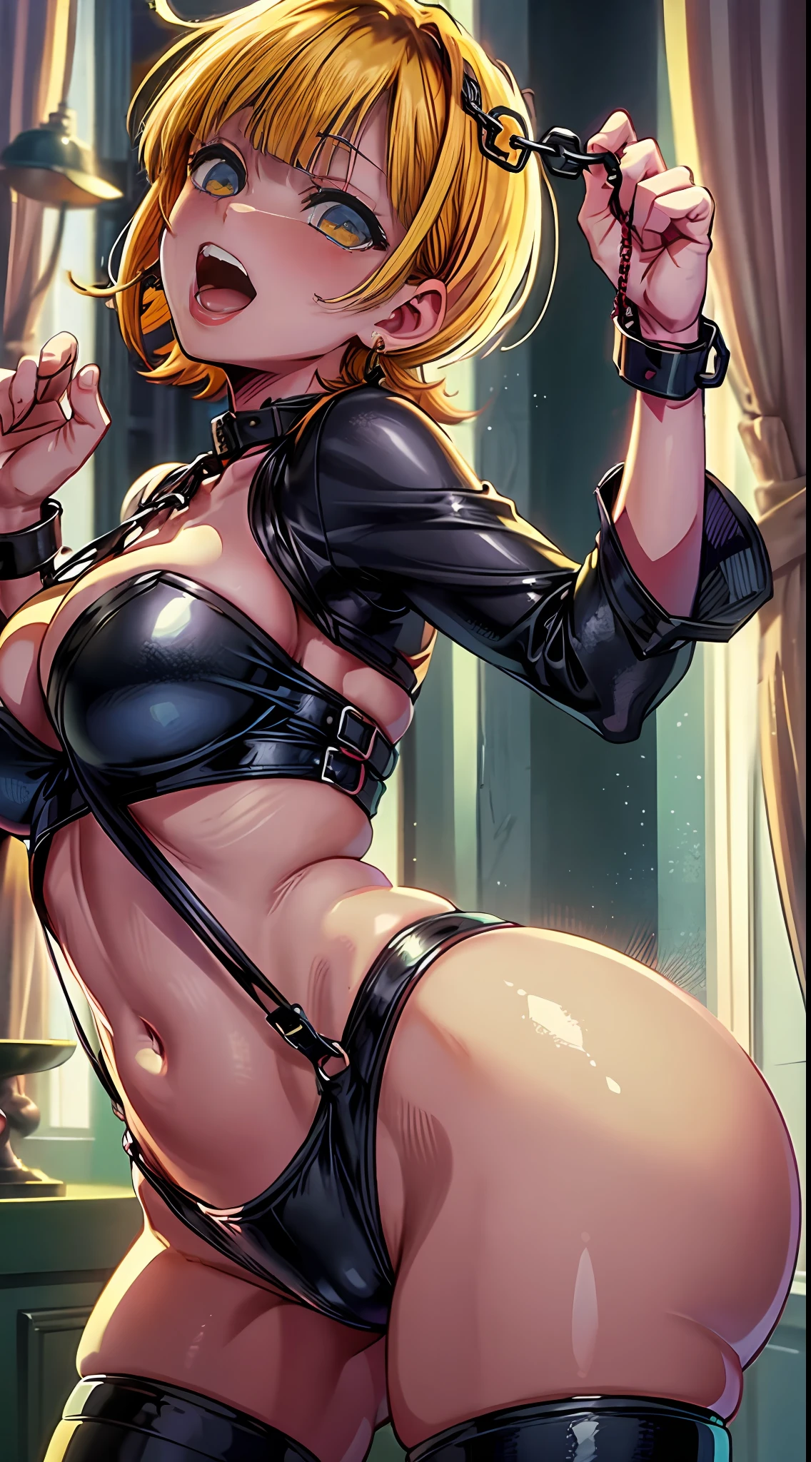 restraints, bound, bound, restrained arms, restrained hands, fully restrained, restrained body, chained, bound hands, blond hair, open mouth, slight smile, blush, BDSM costume, vampire teeth, hardcore BDSM, girl with yellow hair, oily skin, (chained shiba: 1.2), obedience, hung up, hands outstretched, hands raised, perfect ass, arched back([Lookback: Looking Over the Shoulder:15]:1.6), (Dark Shot: 1.2), (Complex Detail: 1.12), (Complex Detail: 1.15), HDR, Dungeon, (Night: 1.2), Fireplace, Warm Light, Dramatic Light, Cinematic, (Close-Up: 1.2), Bondage, BDSM, Hentai