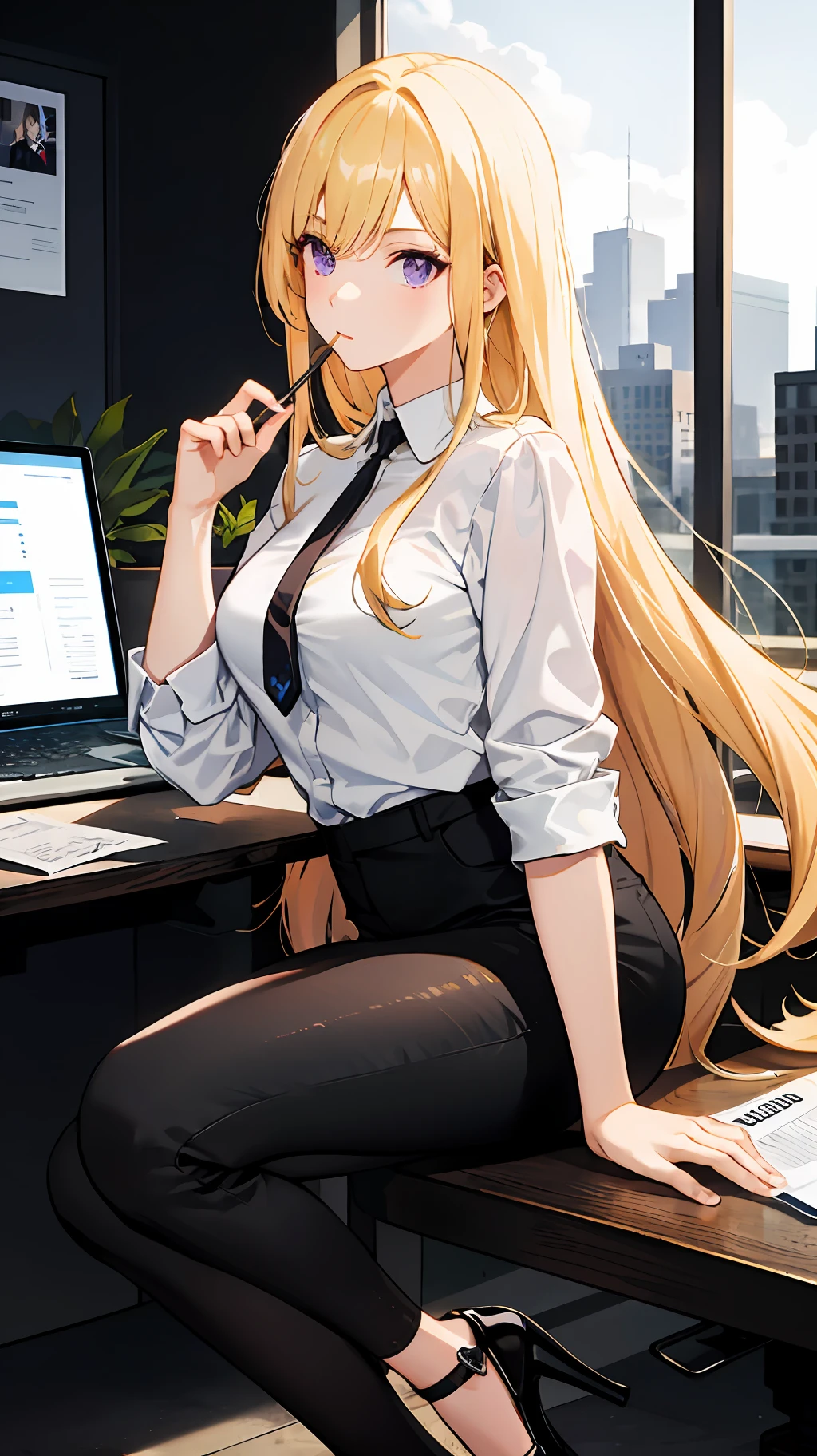 Wallpaper, highly detailed, best quality, 1girl, long yellow hair, purple eyes, detailed eye, white shirt, black pants, black high heels, company office,