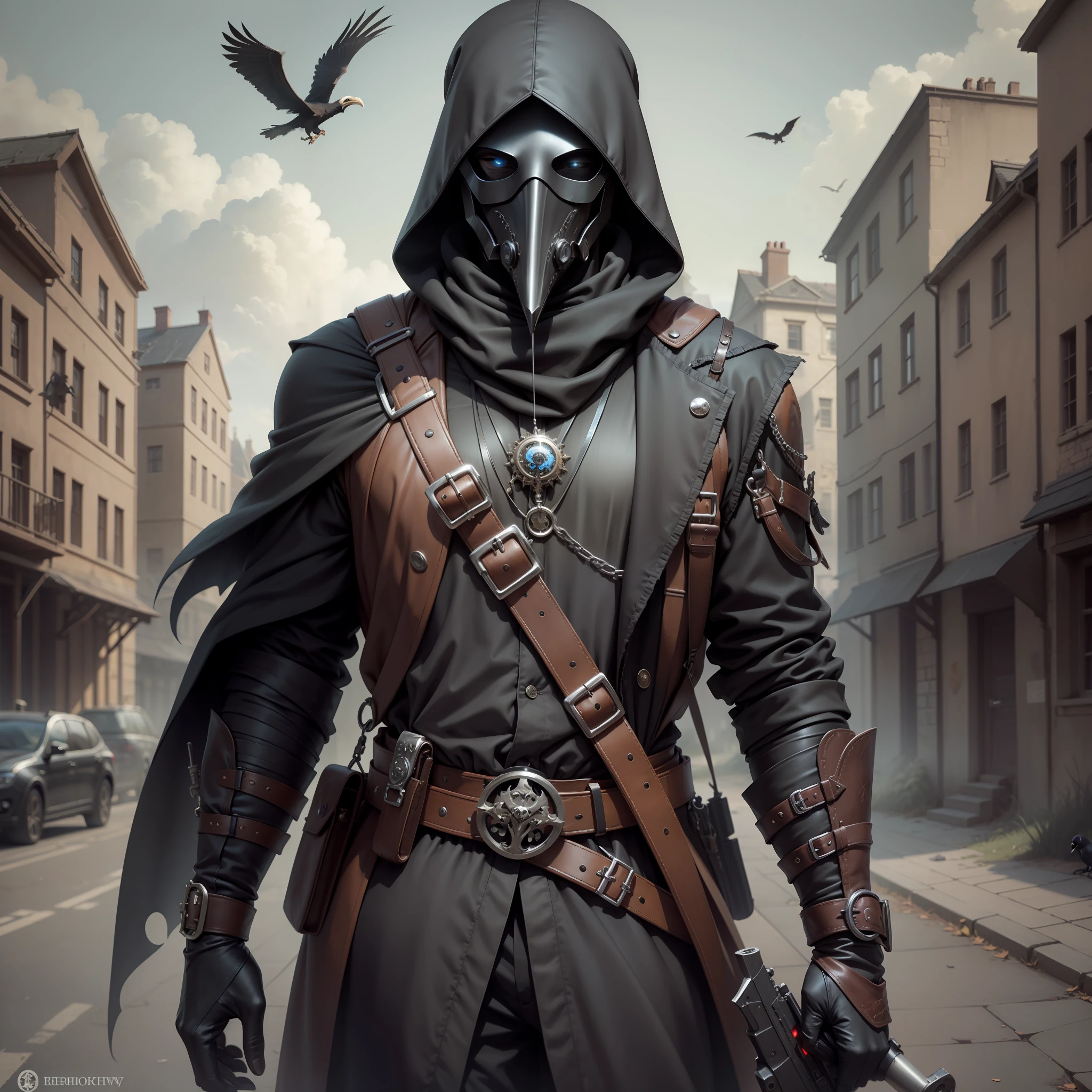 plague doctor, steampunk, part black, realistic,, rifle, crow, full growing, heresy,, male, crow skull, gothic, black hood
