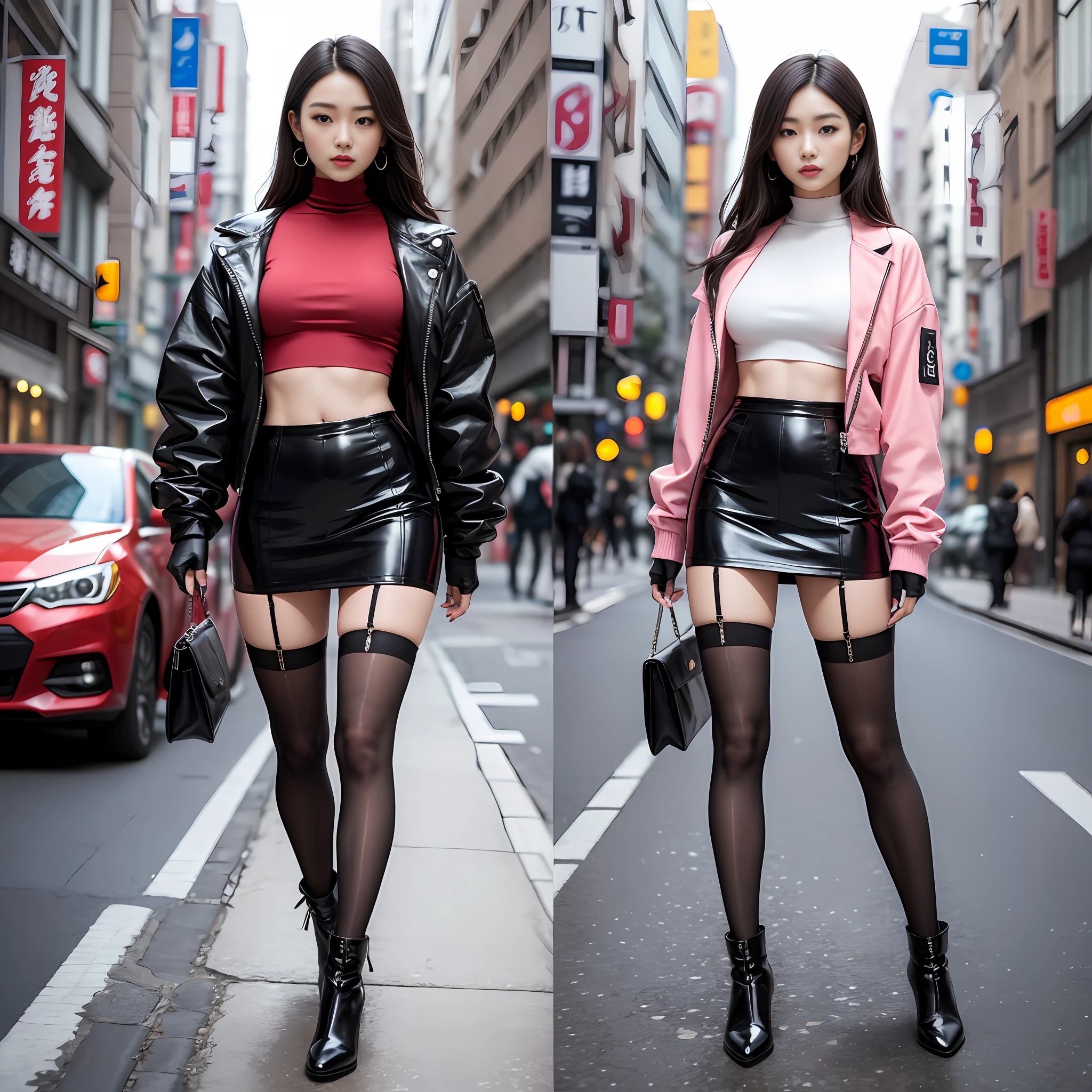 A woman in a white top and black boots standing on the street, Chinese female fashion model, black tights, short skirt and broken jacket, Japanese city street fashion, black pink Rosan Park, she wears streetwear, Japanese street fashion, Tokyo fashion, street dress woman in jacket and skirt, street fashion, Harajuku street fashion, beautiful woman walking in the wind, black gloves, over-the-knee red boots, tall, long legs, perfect body proportions, thin waist, black suspender stockings, tall, Slender body, nine-headed body, big eyes, beautiful and exquisite face, perfect body details, perfect body proportions, perfect visual proportions, fashion shooting, glamorous, feminine, delicate, highlighting female curves, subtext: sexy, confident. Chinese woman --auto --s2