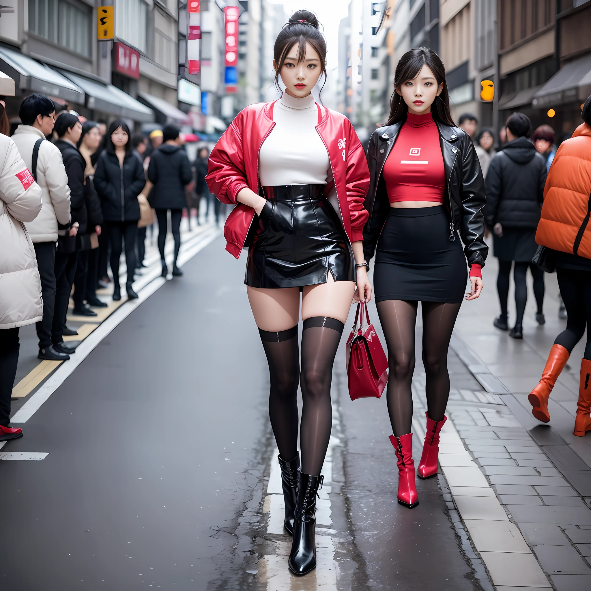 A woman in a white top and black boots standing on the street, Chinese female fashion model, black tights, short skirt and broken jacket, Japanese city street fashion, black pink Rosan Park, she wears streetwear, Japanese street fashion, Tokyo fashion, street dress woman in jacket and skirt, street fashion, Harajuku street fashion, beautiful woman walking in the wind, black gloves, over-the-knee red boots, tall, long legs, perfect body proportions, thin waist, black suspender stockings, tall, Slender body, nine-headed body, big eyes, beautiful and exquisite face, perfect body details, perfect body proportions, perfect visual proportions, fashion shooting, glamorous, feminine, delicate, highlighting female curves, subtext: sexy, confident. Chinese woman --auto --s2