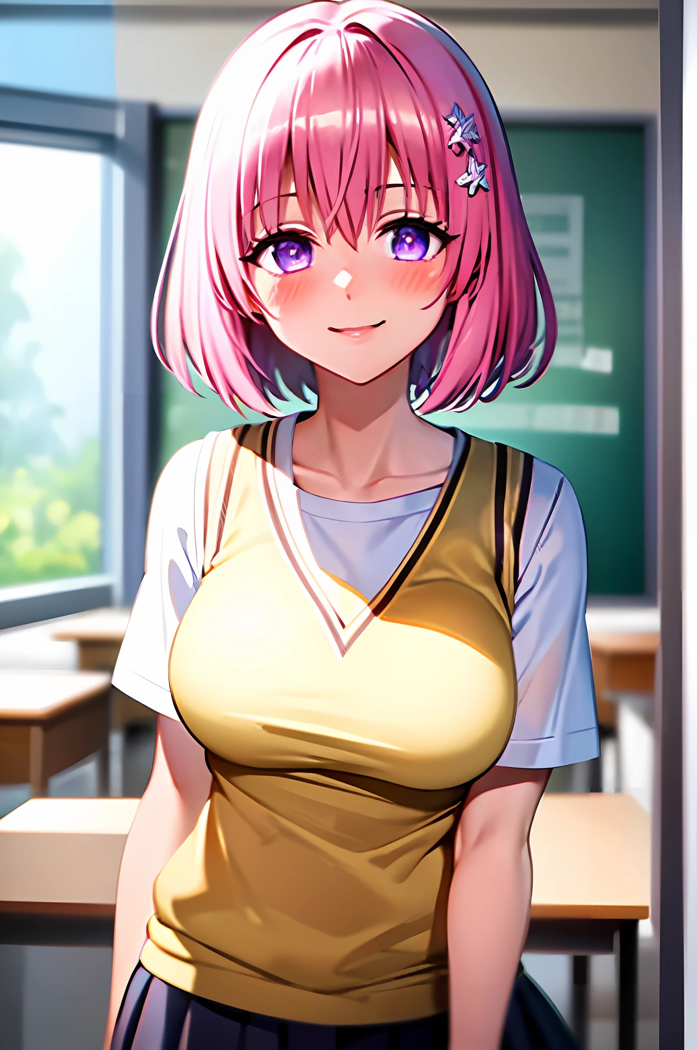 (best quality:1.1), (masterpiece:1.4), (absurdres:1.0), portrait, close up,
1girl, momo velia deviluke, hair ornament, bob cut, short hair pink hair, purple eyes, medium breasts, yellow school uniform, looking at viewer, classroom, (blush:1.2), smile,