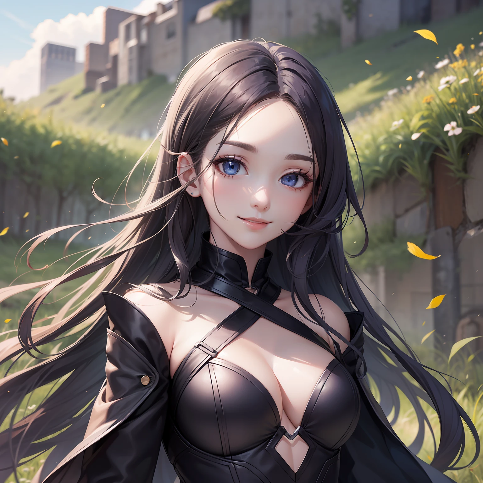 (Masterpiece) 8K resolution, top quality, woman with kind face, beautiful person, smile, thin long eyebrows, purple semi-long hair, hair fluttering in the wind, ash blue eyes, meadow, model style,