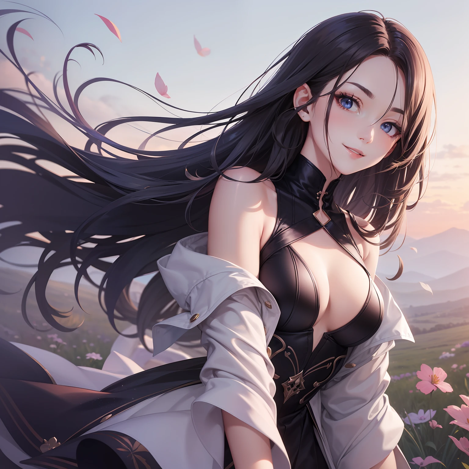 (Masterpiece) 8K resolution, top quality, woman with kind face, beautiful person, smile, thin long eyebrows, purple semi-long hair, hair fluttering in the wind, ash blue eyes, meadow, model style,