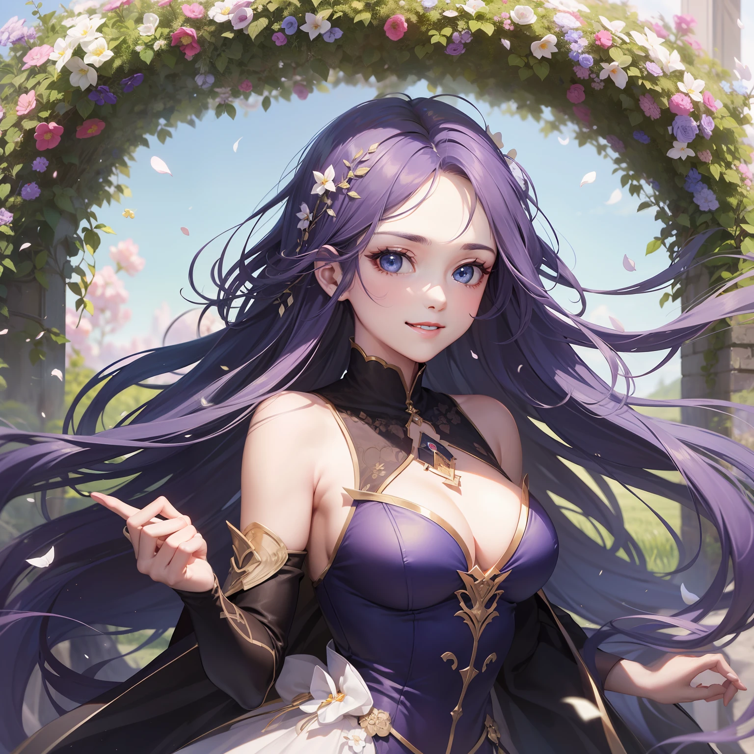 (Masterpiece) 8K resolution, top quality, woman with kind face, beautiful person, smile, thin long eyebrows, purple semi-long hair, hair fluttering in the wind, ash blue eyes, meadow, model style,