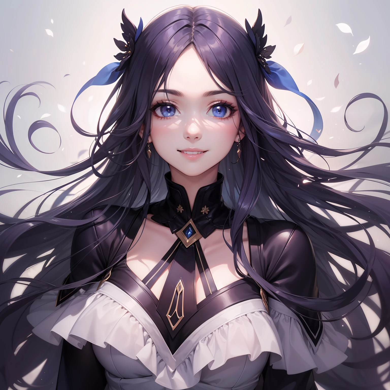 (Masterpiece) 8K resolution, top quality, woman with kind face, beautiful person, smile, thin long eyebrows, purple semi-long hair, hair fluttering in the wind, ash blue eyes, meadow, model style,