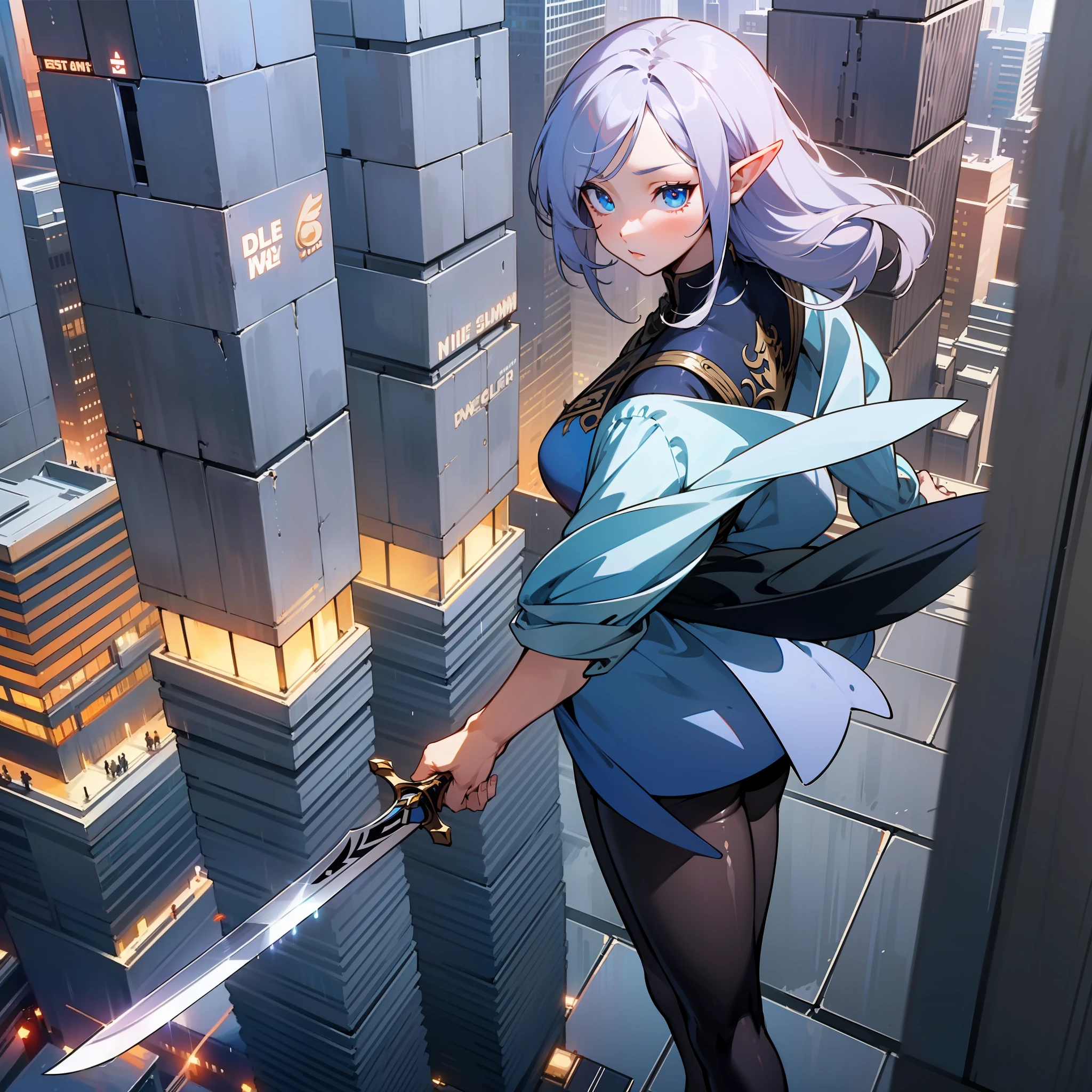 Elf, beauty, Spider-Man pantyhose, full body photo, prominent figure, standing on the edge of a skyscraper, photo (Masterpiece) (Best quality) (detail) (8K) (HD) (Wallpaper) (Cinematic lighting) (Sharp focus) (Intricate) (rainy night) (holding a wind sword)