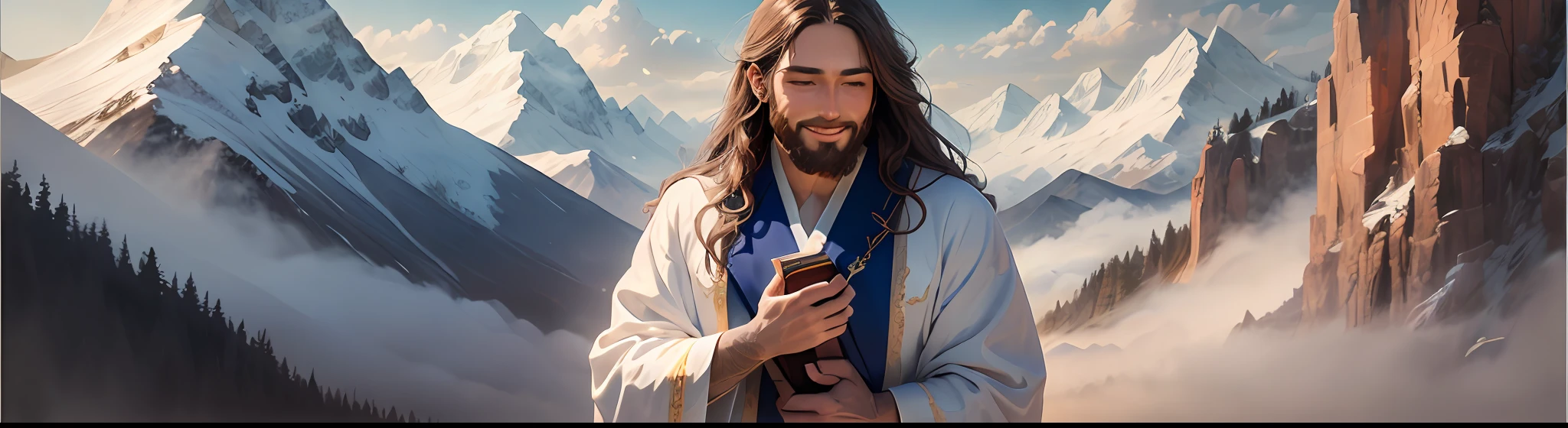 Jesus, portrait, soft light, a man with long brown hair and beard, wearing a white robe and a blue sash, holding a bible in his hands, smiling softly, mountains and clouds in the background, 8k, oil painting