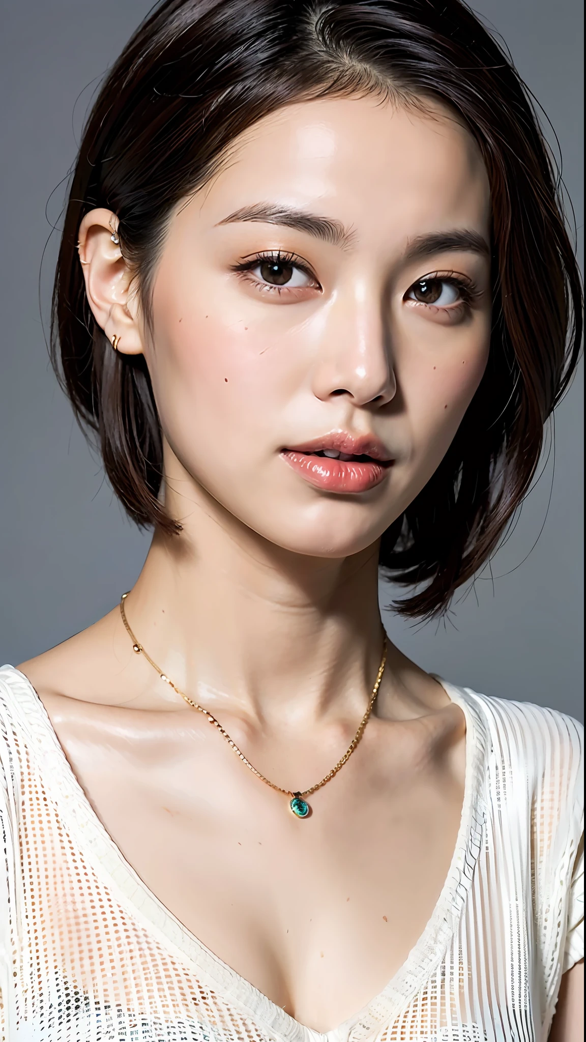 (Best quality, 8k, 32k, Masterpiece, UHD:1.2),Photo of Pretty Japanese woman, small breasts, very short bob hair,upper body,face focus,oversized_sweater, necklace, simple background, from above, looking at viewer,