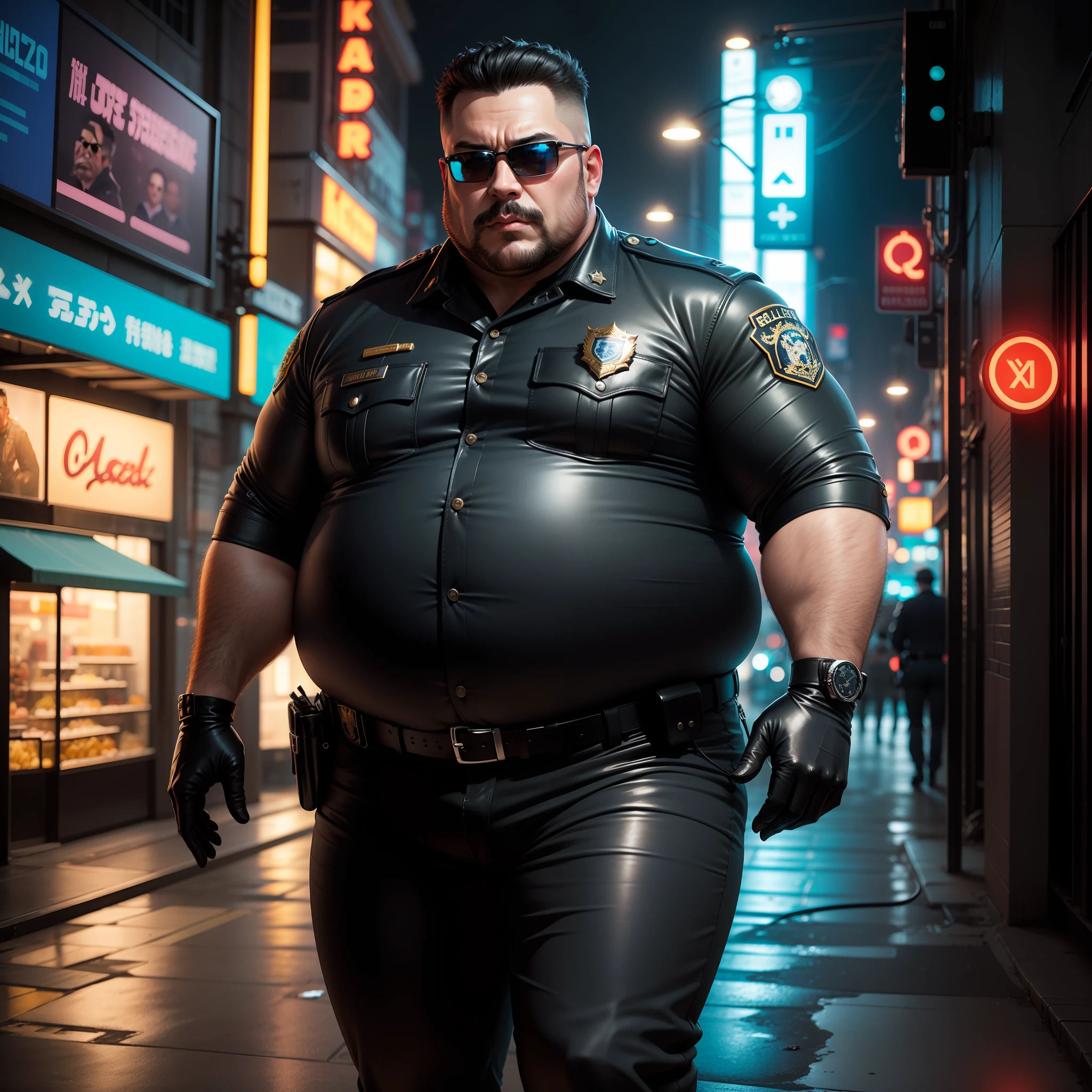 fat man, mature, 40 years old, black military hair, bulging belly, shiny leather police uniform, black mustache, sunglasses, sturdy body, long leather boots, black leather gloves, futuristic street with neon lights, realistic style, extremely detailed, best quality