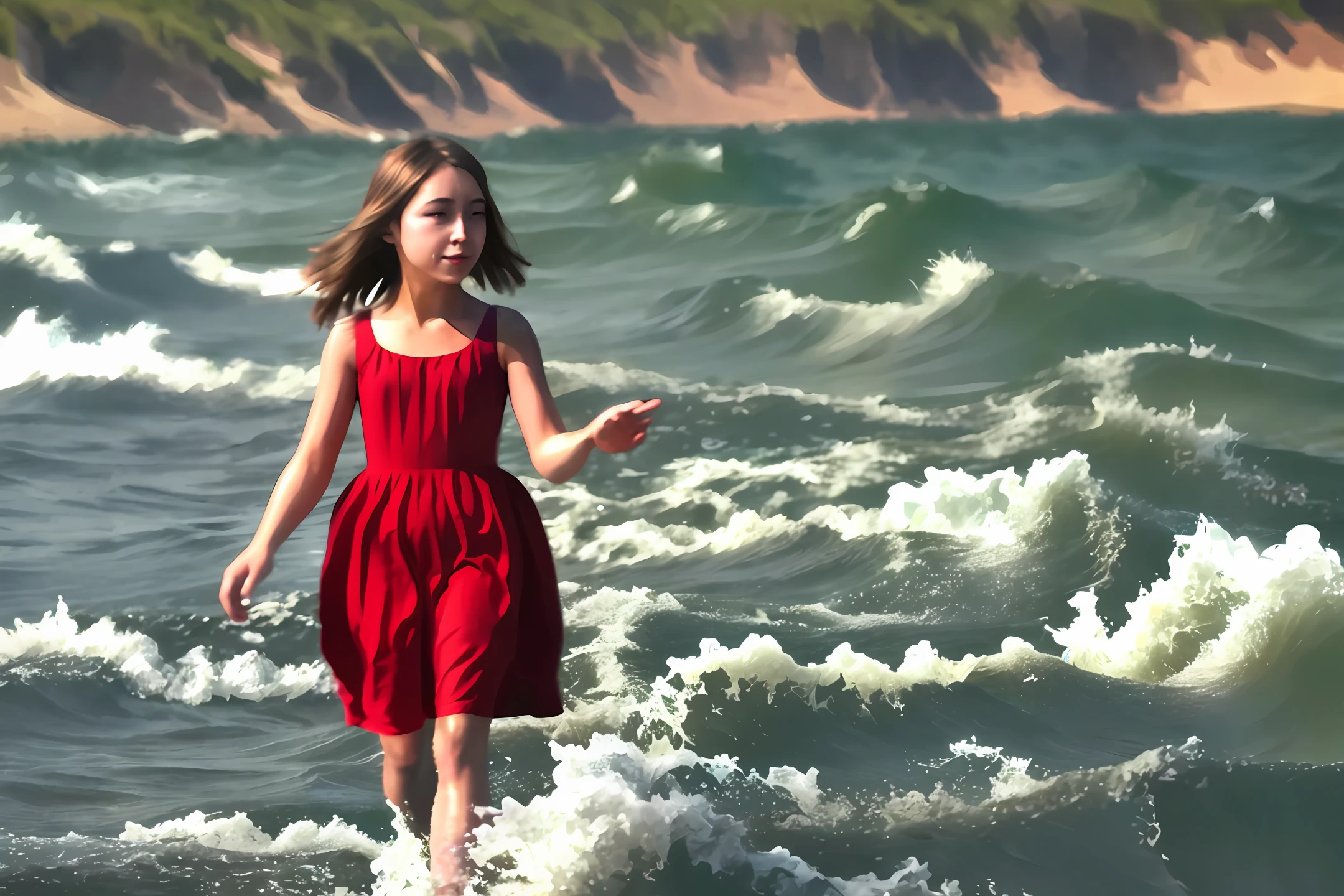 A girl in a red dress blows the sea breeze on the beach.