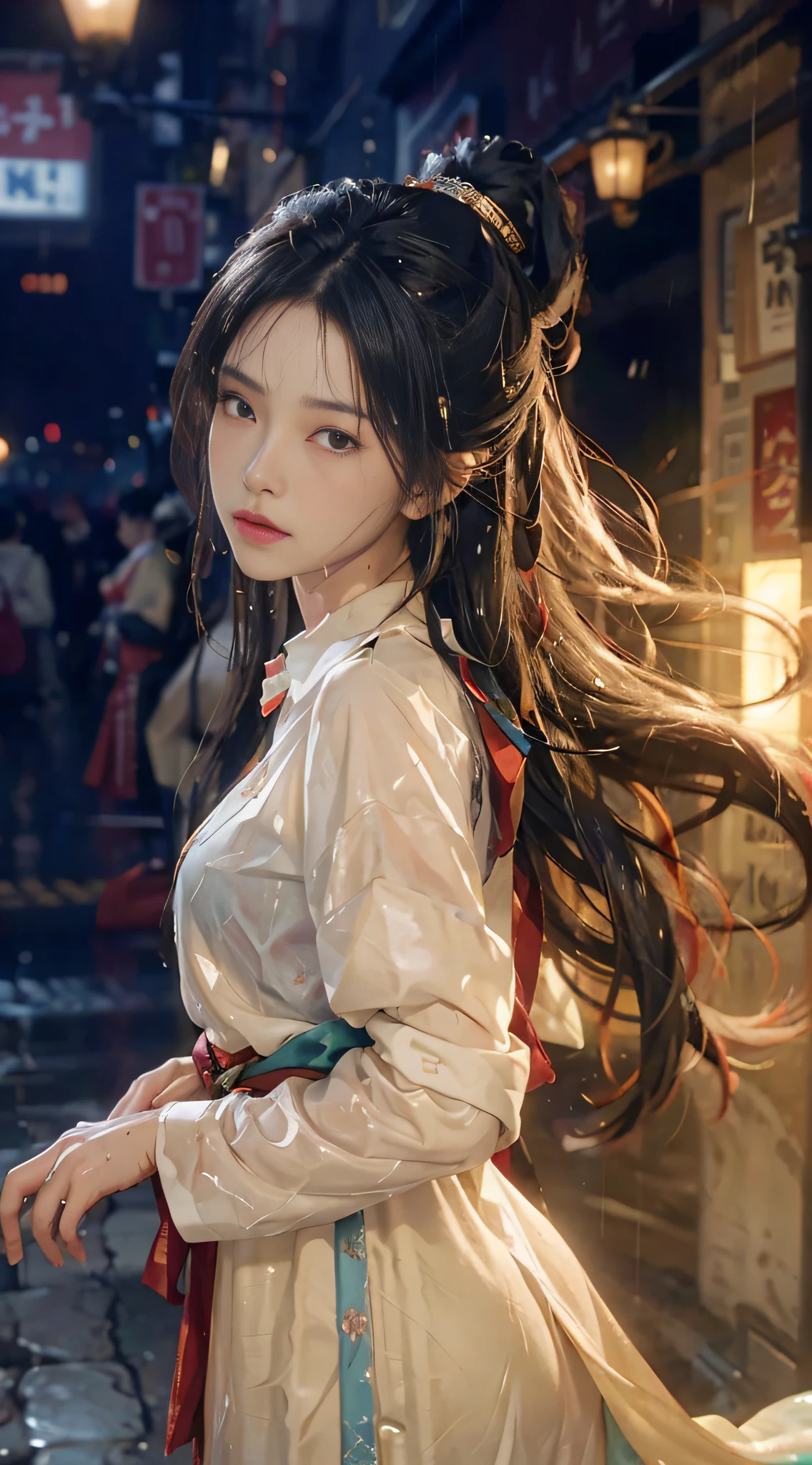 (Ridiculous, High Resolution, Ultra Detailed), 1 Girl, Solo, Mature, (Long Hair), Fanatic, Long Sleeves, Elegant, Holy, Colorful, Supreme Detail, Underwater, Floating Hair, Flowers, (Wet White Button Long Shirt: 1.1), (Rain, Street: 1.2), Wet: 1.5, Highly Detailed Face and Skin Texture, Detailed Eyes, Double Eyelids, Side Face Looking at the Camera, Three Heads and Six Arms, Mixed Sky Aya, Auspicious Clouds Floating