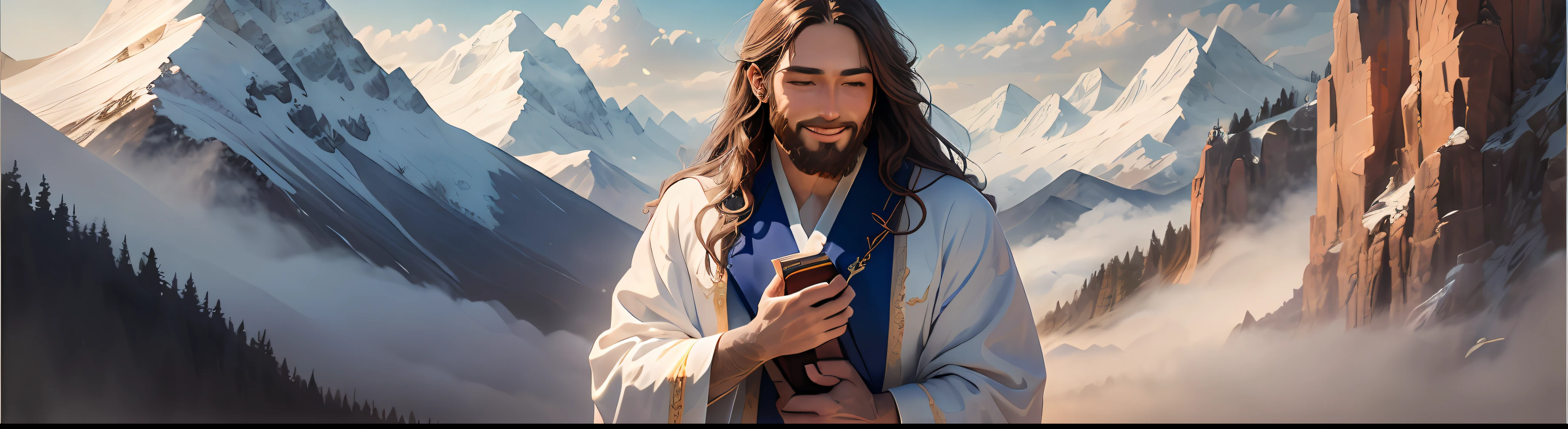 Jesus, portrait, soft light, a man with long brown hair and beard, wearing a white robe and a blue sash, holding a bible in his hands, smiling softly, mountains and clouds in the background, 8k, oil painting