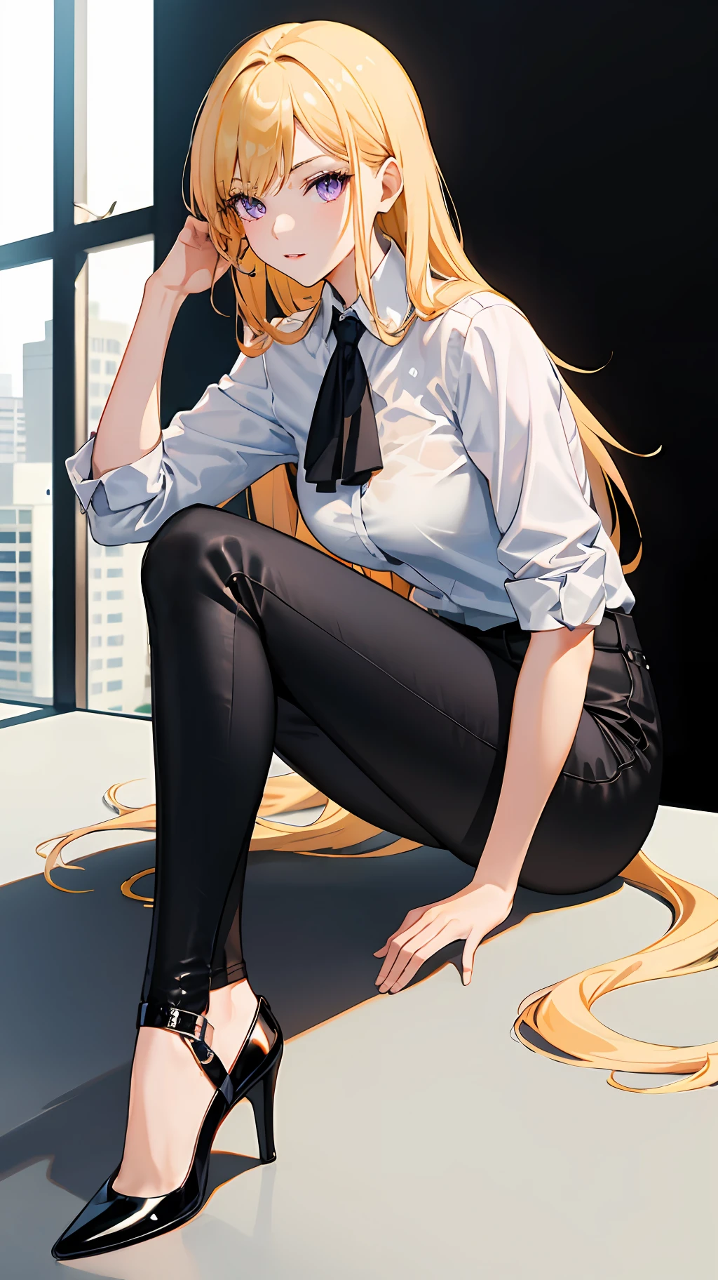 Wallpaper, highly detailed, best quality, 1girl, long yellow hair, purple eyes, detailed eye, white shirt, black pants, black high heels, company office,