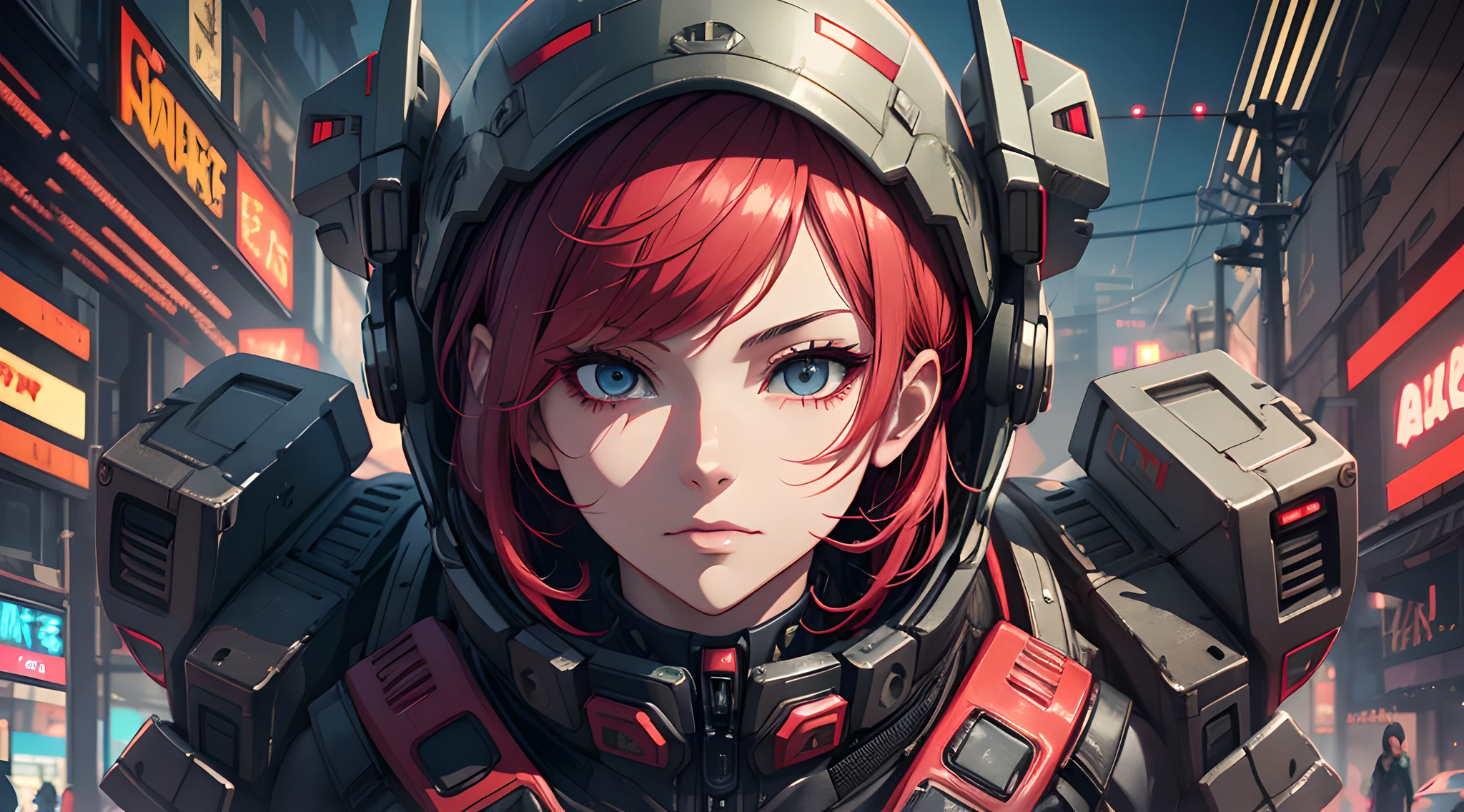 a close up of a person with red hair and a helmet, cyberpunk anime girl mech, digital cyberpunk anime art, female cyberpunk anime girl, cyberpunk anime girl in hoodie, anime cyberpunk art, girl in mecha cyber armor, cyberpunk anime art, cyberpunk anime girl, redhead female cyberpunk, modern cyberpunk anime, cyber noir, neon scales and cyborg tech, anime cyberpunk,shine metal,sharp focus,raytracing