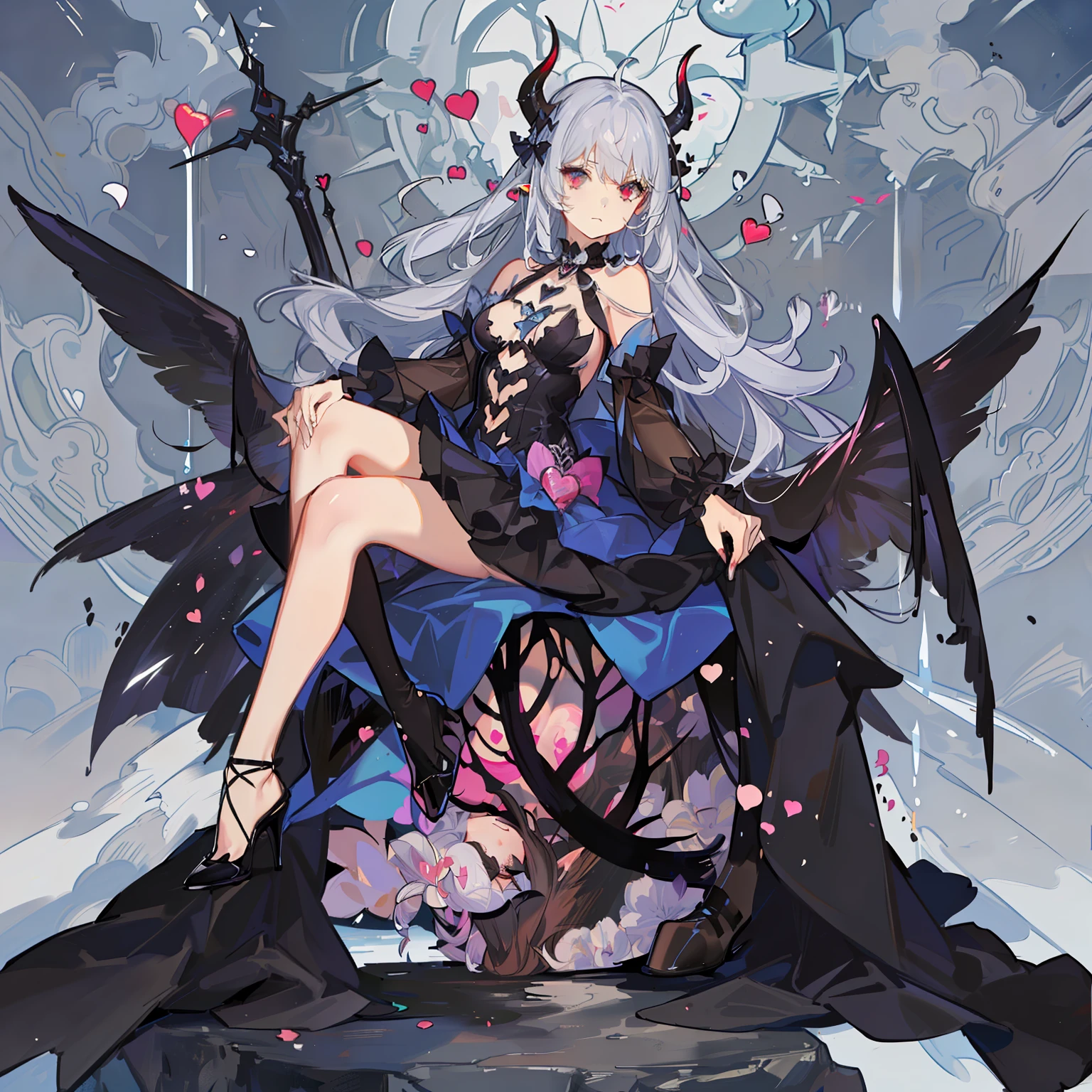 1 girl, succubus, royal sister, big breasts, blue-purple hair, pointed ears, small black crown on the head, demon wings on the back, red magic fancy under the feet, pink heart mark on the belly, demon little tail, love heart pattern in the eyes, wearing black lace-trimmed panties, black long skirt, black stockings, evening dress, black high heels