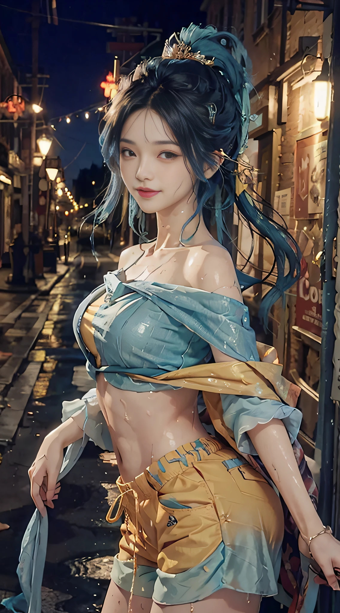 (smile: 1.3), focus: 1.2, perfect body: 1.4, buttocks: 1.2, (layered hairstyle, chest: 1.2)), (wet clothes: 1.1), (street: 1.3), shorts: 1.1, highly detailed face and skin texture, narrow eyes, double eyelids, whitening skin, long hair, hoodie, blue hair, extra-long hair, off-the-shoulder, feather hair ornaments, headphones on the neck, urban, night, outdoors