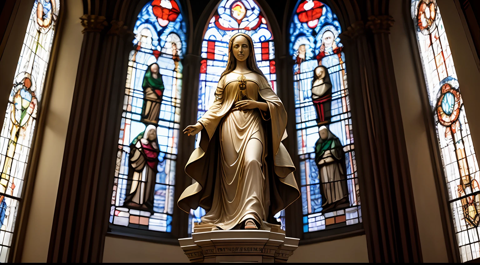 Statue of Our Lady of Aparecida on one side, statue of Jesus Christ on the other, Catholic stained glass window in the background --auto