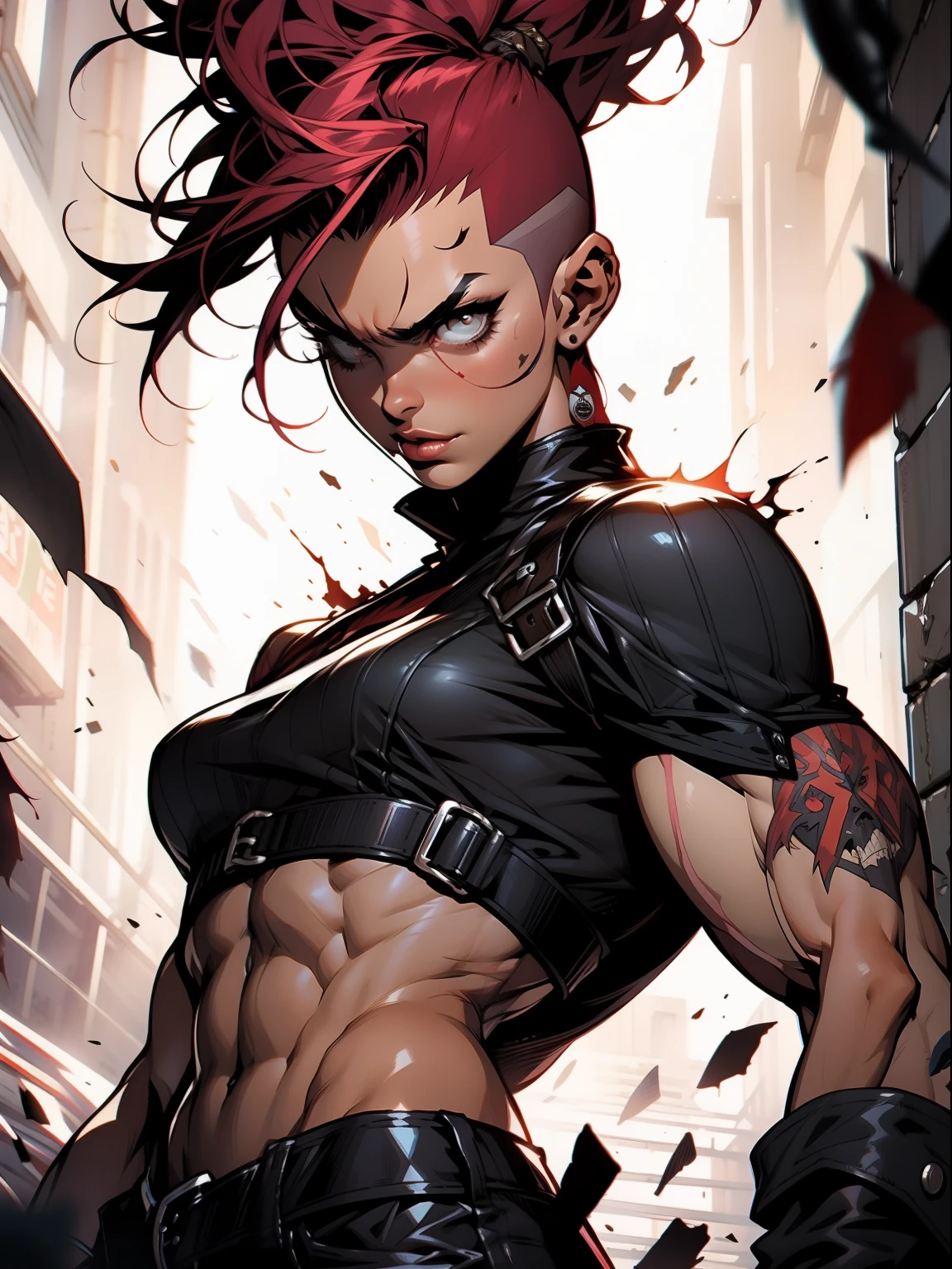 A muscular 35-year-old warrior woman almost naked in the Simon Bisley style for the cover of Heavy Metal magazine, dark red clothes, colorful mohawk hair, Minimum clothing, Short clothes,