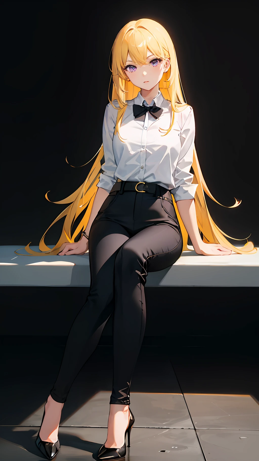 Wallpaper, highly detailed, best quality, 1girl, long yellow hair, purple eyes, detailed eye, white shirt, black pants, black high heels, company office,