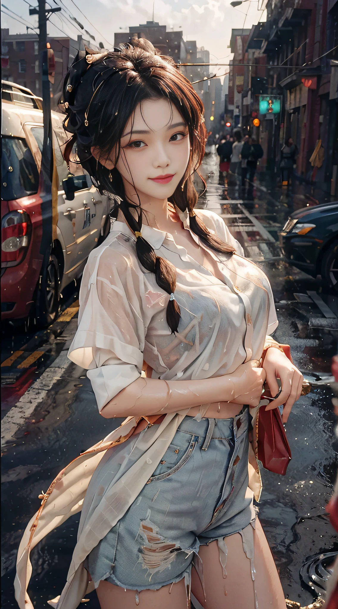 ((Best Quality, 8K, Masterpiece: 1.3)), Sharp: 1.2, Perfect Body Beauty: 1.4, Slim Abs: 1.2, ((Layered Hairstyle, Big Breasts: 1.2)), (Wet White Button Long Shirt: 1.1), (Rain, Street: 1.2), Wet: 1.5, Highly detailed face and skin texture, Fine eyes, double eyelids, Side face looking at the camera, Smiling, (Wet clothes: 1.1), (Street: 1.3), Shorts: 1.1,