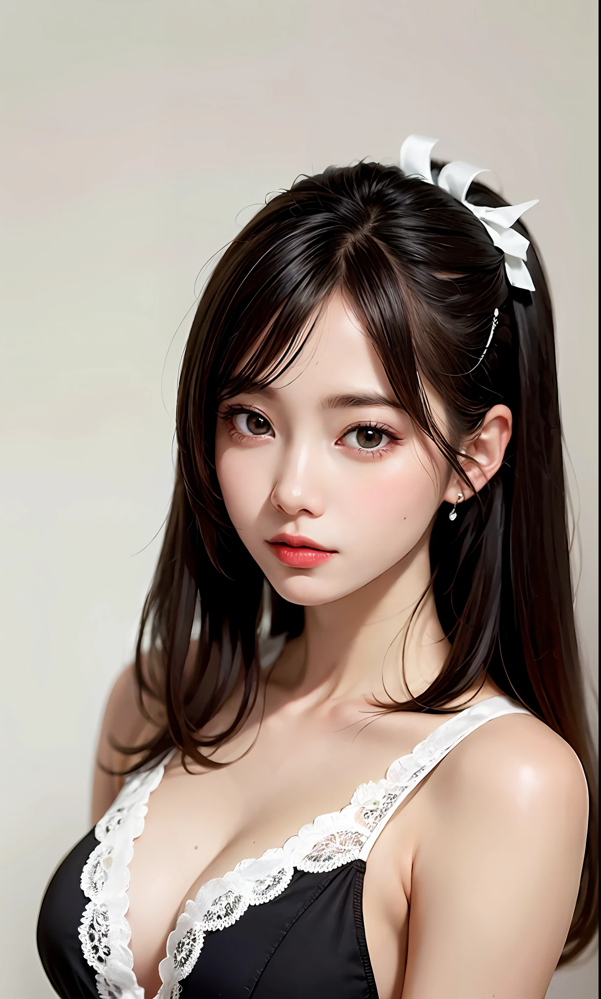 (8k, RAW photos, photorealistic: 1.25), (lip gloss, eyelashes, shiny face, shiny skin, top quality, ultra high resolution, depth of field, chromatic aberration, caustics, broadwriting, natural shading, kpop idol) gentle and goddess-like happiness watching viewer, maid, miniskirt, masterpiece, 1 beautiful girl, detail eyes, puffy eyes, Top quality, Ultra High Definition, (Reality: 1.4), Original photo, 1Girl, Movie lighting, Japan, Asian beauty, Korean, Very beautiful, Beautiful skin, Slender, Front-facing body, (Ultra realistic), (Ultra realistic), (8 K), (Very detailed), (Best illustration), (Beautifully detailed eyes), (Ultra detail), Detailed face, Look at viewer, looking straight ahead, neat clothes, sleeveless, short hair, black hair, 46-point oblique bangs, white background, neat room,