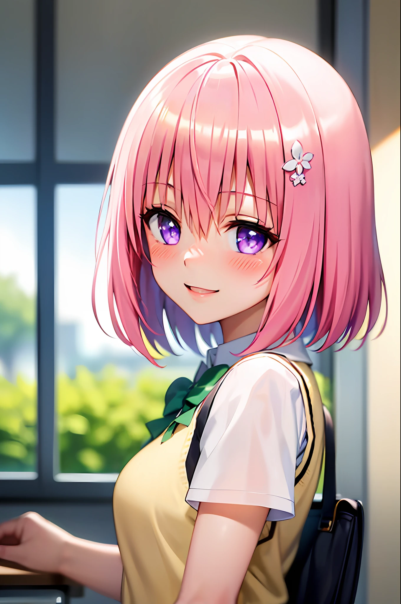 (best quality:1.1), (masterpiece:1.4), (absurdres:1.0), portrait, close up,
1girl, momo velia deviluke, hair ornament, bob cut, short hair pink hair, purple eyes, medium breasts, yellow school uniform, looking at viewer, classroom, (blush:1.2), smile,
