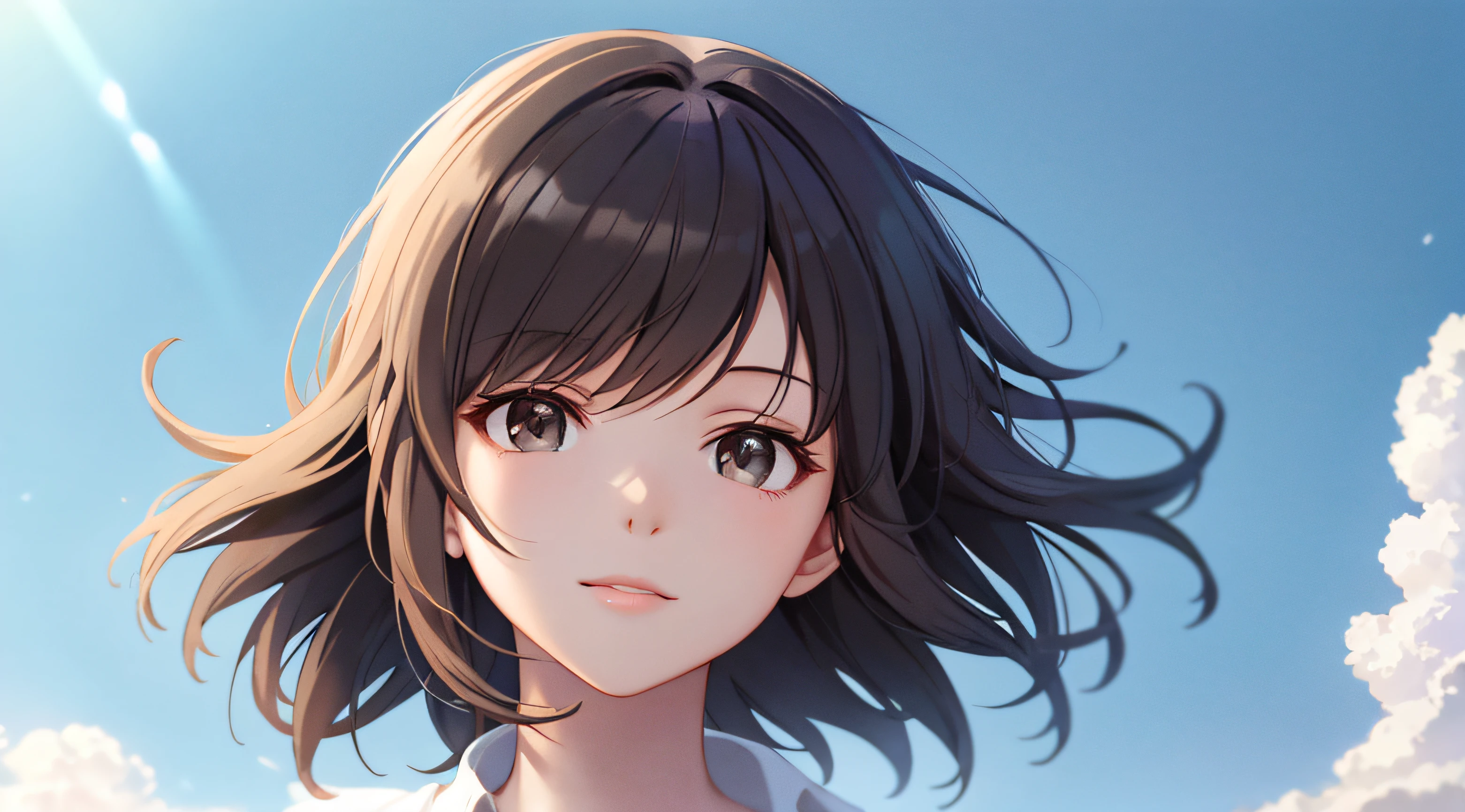 Anime-style illustration like very detailed and precise photo, very beautiful young woman's face, brown berry short hair, perfectly round gray eyes, solo, wearing a white shirt, windy, looking up to the heavens, looking up at the sky, pure white sky, fantastic backlight, Makoto Shinkai CG art.