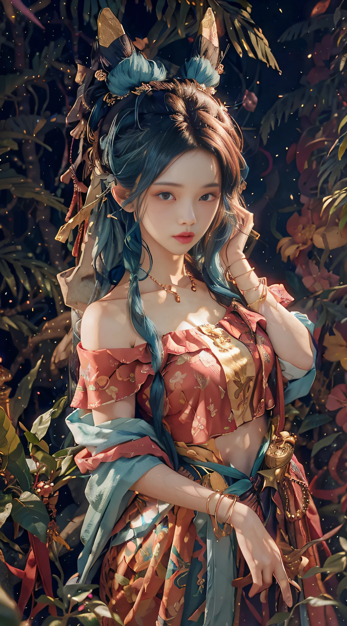 1 girl, hoodie, blue hair, extra-long hair, off-the-shoulder, feather hair ornament, headphones around the neck, city, night, outdoors, majestic jungle landscape surrounded by lush pink foliage, award-winning photography, chromatic aberration, detailed, HDR, bloom, majestic oil painting, Thomas Cole, Frederick Church and Albert Bierstadt, popular on art stations, ridiculous, incredibly absurd, huge file size, super detailed, high resolution, extremely detailed, best quality, masterpiece, Illustration, extremely delicate and beautiful, very detailed, CG, unity, 8k wallpaper, amazing, fine details, masterpiece, best quality, official art, extremely detailed CG Unity 8k wallpaper, face light, movie lighting
