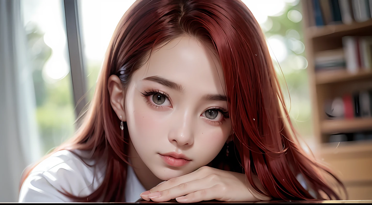 (8k, RAW photo, photorealistic: 1.25), full body, (lip gloss, eyelashes, shiny face, glowing skin, dominated in bathtub full of water, lots of heat, lots of people, steam everywhere, several students in the red hair room, best quality, Ultra high resolution, long red skirt, white shoe, depth of field, Chromatic aberration, caustic, broadlighting, natural shading, Kpop idol) looking at the viewer with a serene and divine happiness,  College Room, Korean school uniform, miniskirt