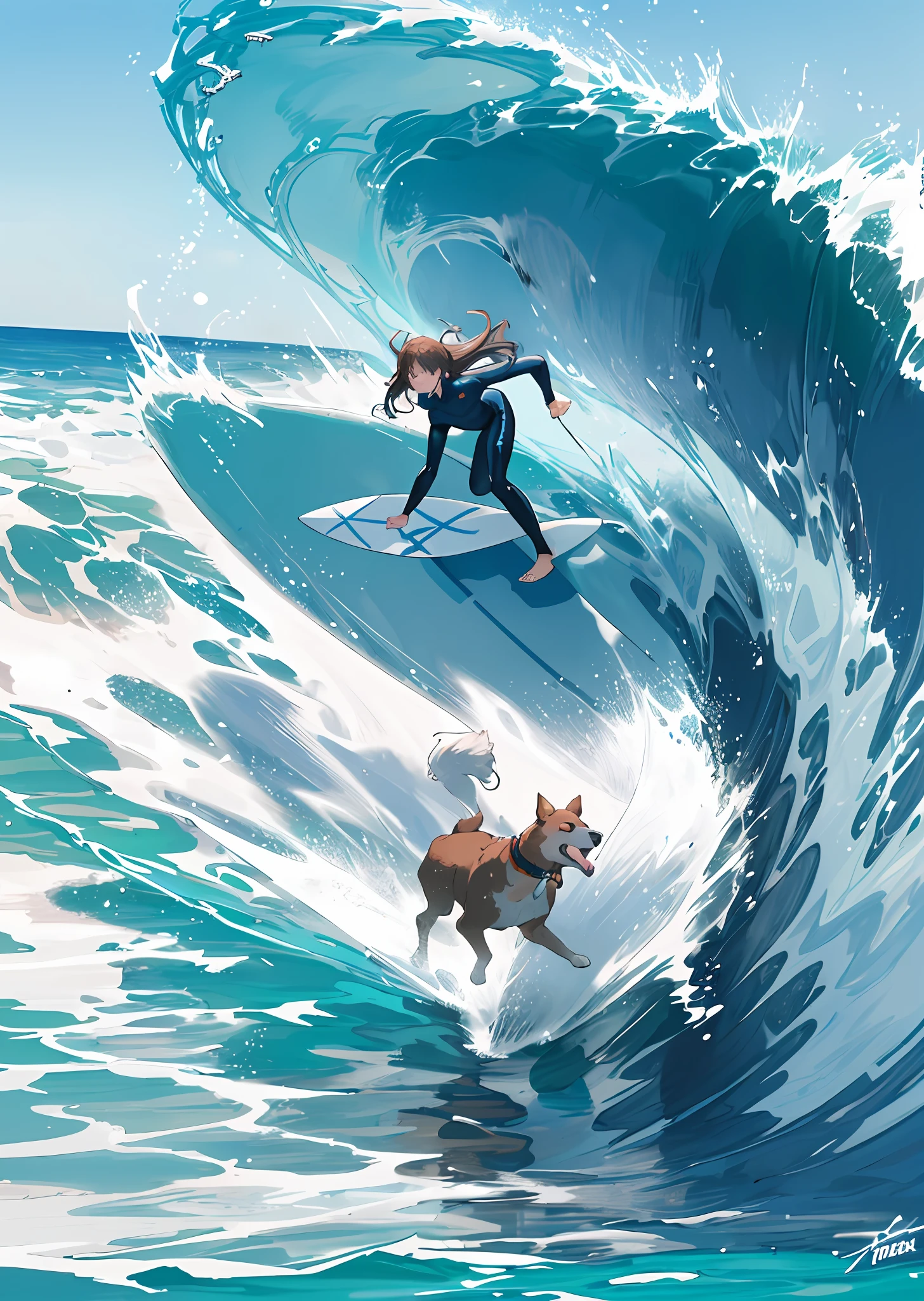 Drawing
Surfer on top of the board
With a dog on the tip of the board