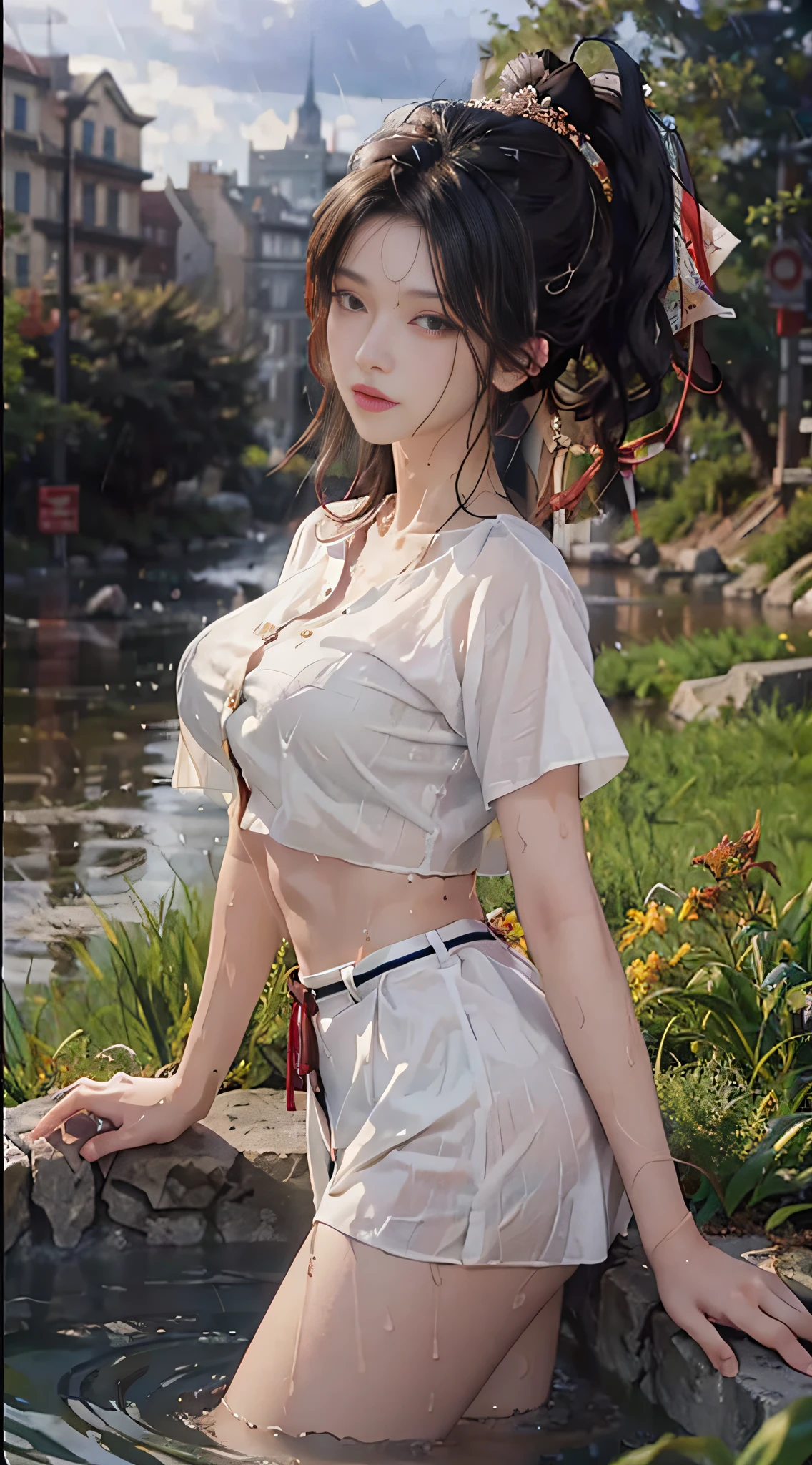 ((Best Quality, 8K, Masterpiece: 1.3)), Sharp: 1.2, Perfect Body Beauty: 1.4, Slim Abs: 1.2, ((Layered Hairstyle, Big Breasts: 1.2)), (Wet White Button Long Shirt: 1.1), (Rain) (In the River), Wet: 1.5, Highly detailed face and skin texture, detailed eyes, double eyelids, side face looking at the camera