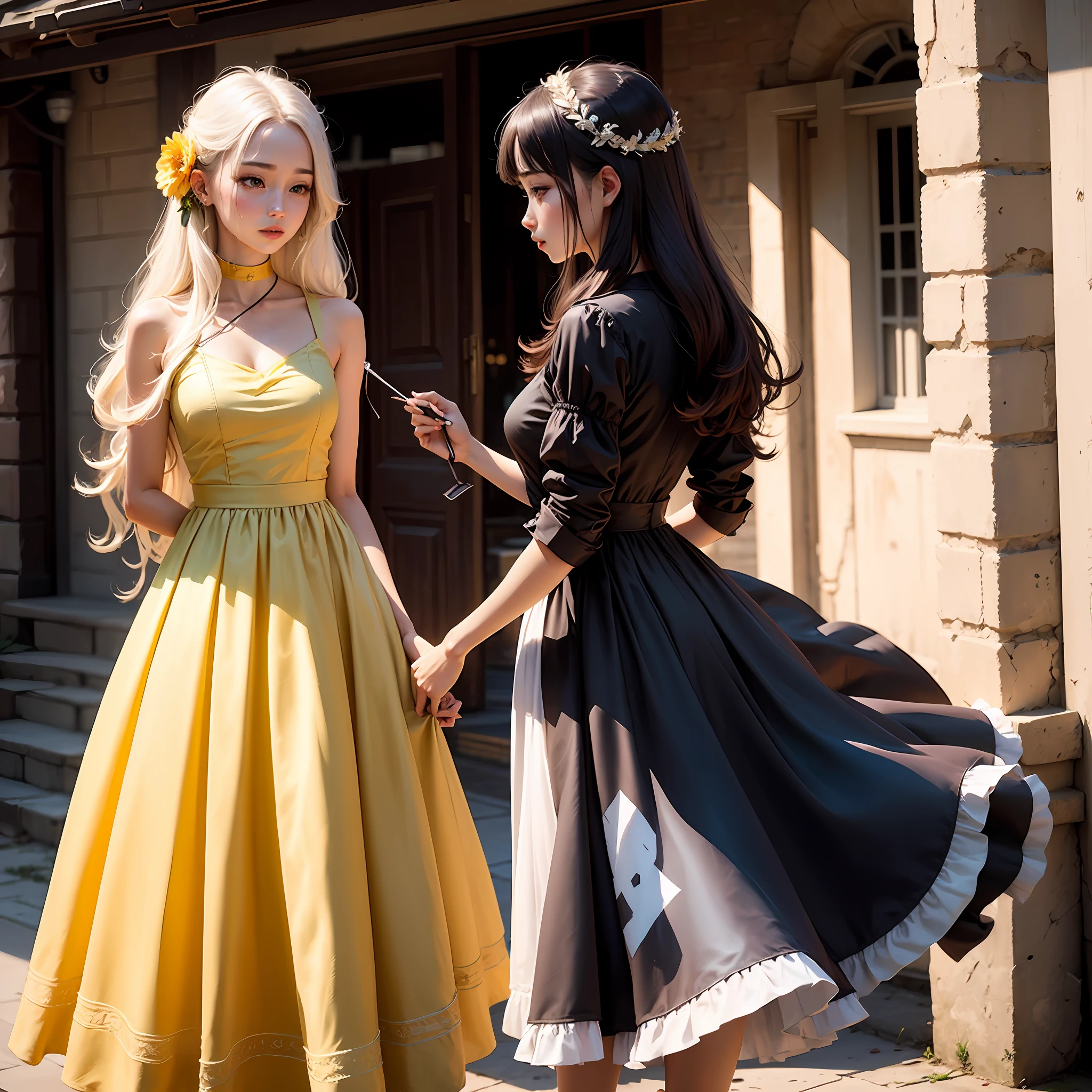 Pale yellow long dress, fluffy hair --ar 1:1 --beauty --auto