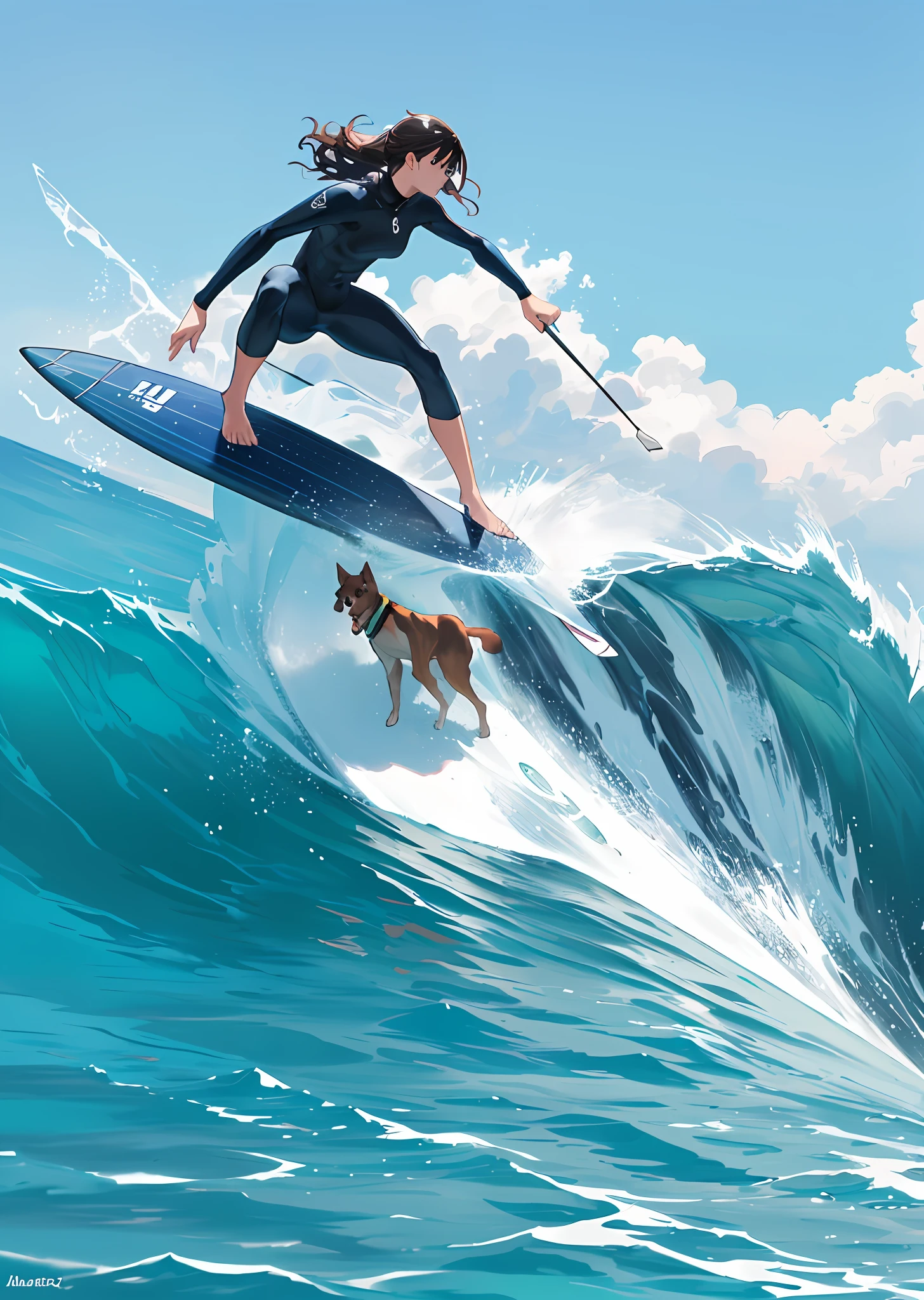 Drawing 
Surfer on top of the board 
With a dog on the tip of the board