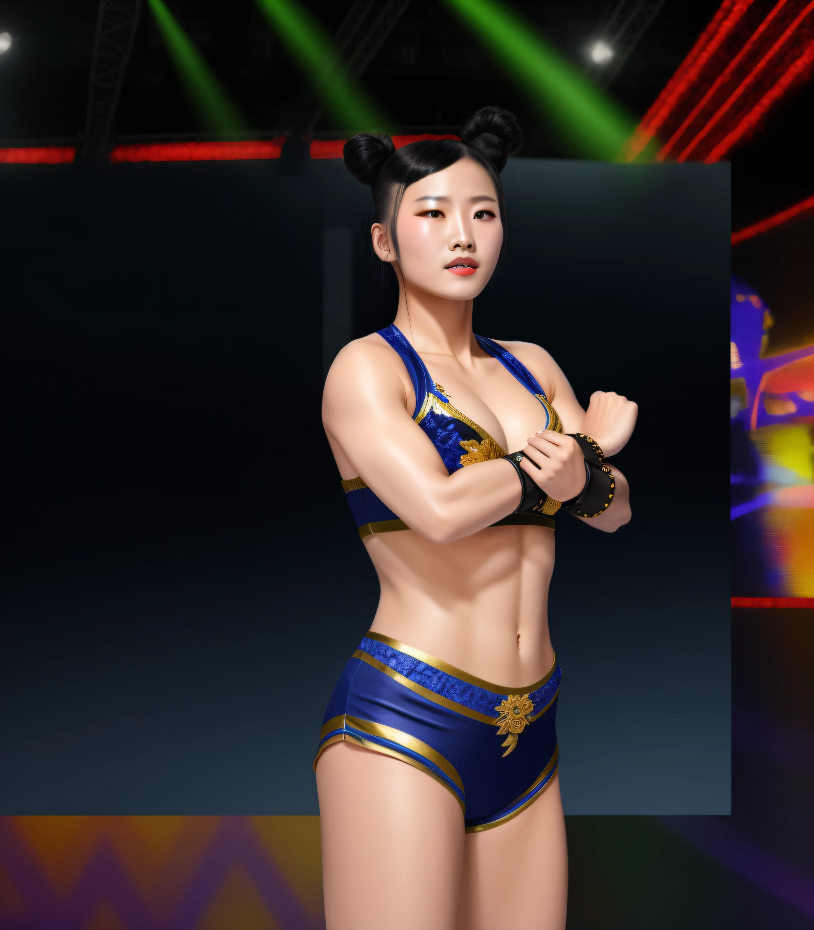 Chinese woman wrestler, with hair buns, blue and gold elaborate bra, blue and gold elaborate trunks, black leather wristbands with silver studs, photo realistic, intricate details